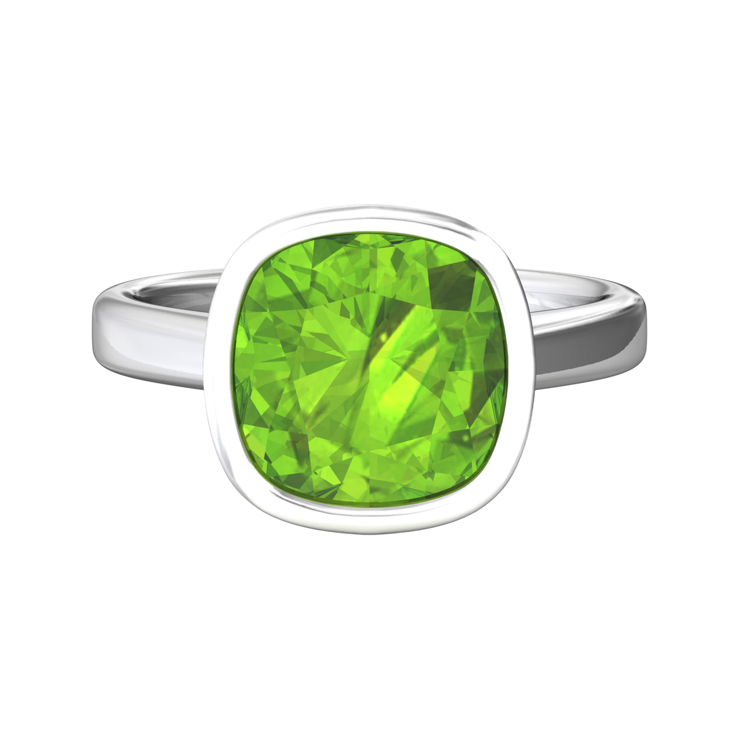 Nova cushion shaped Peridot ring set in a plain bezel setting Gardiner Brothers