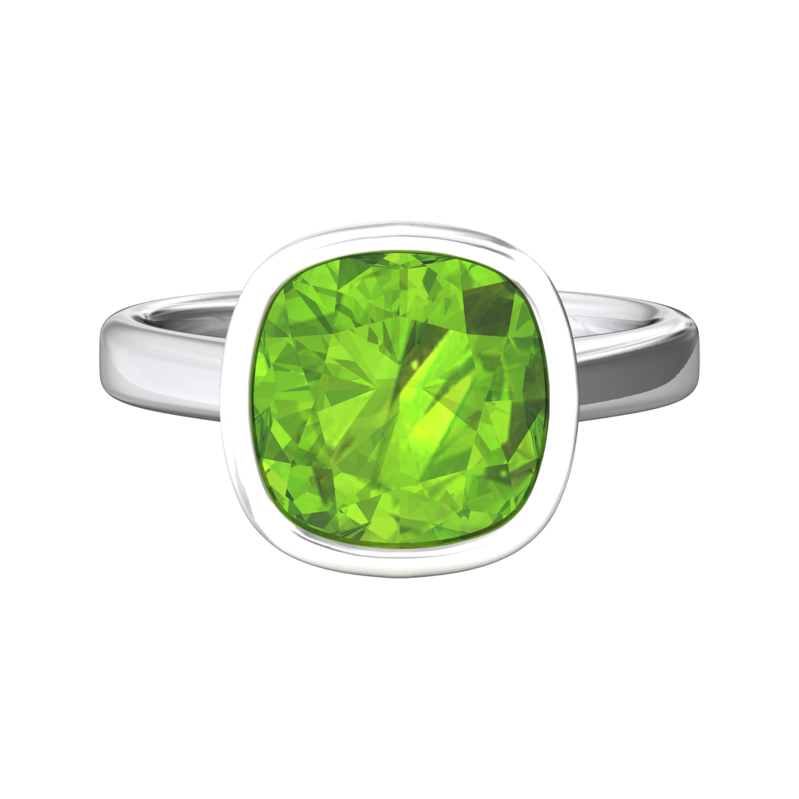 Nova cushion shaped Peridot ring set in a plain bezel setting Gardiner Brothers