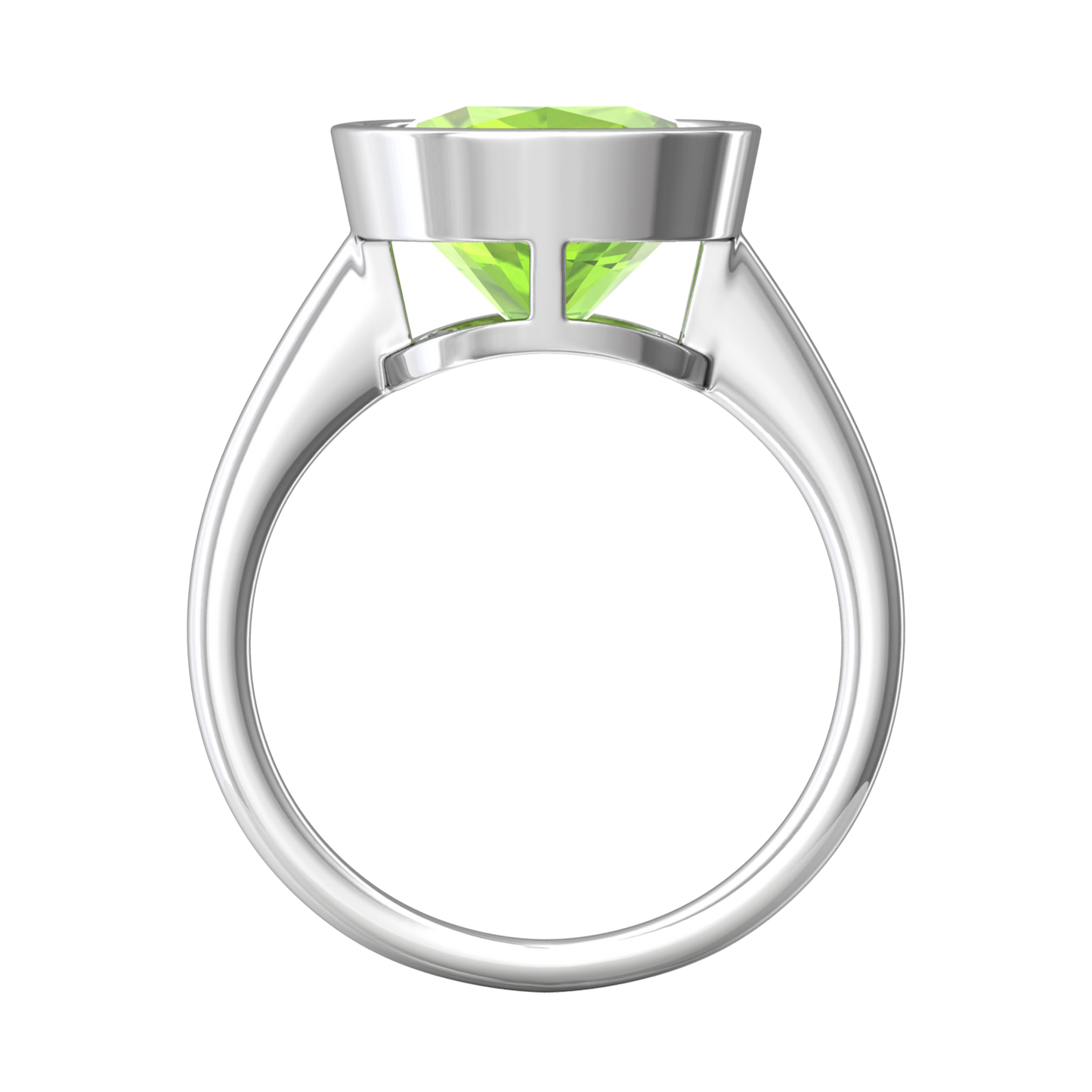 Nova cushion shaped Peridot ring set in a plain bezel setting Gardiner Brothers