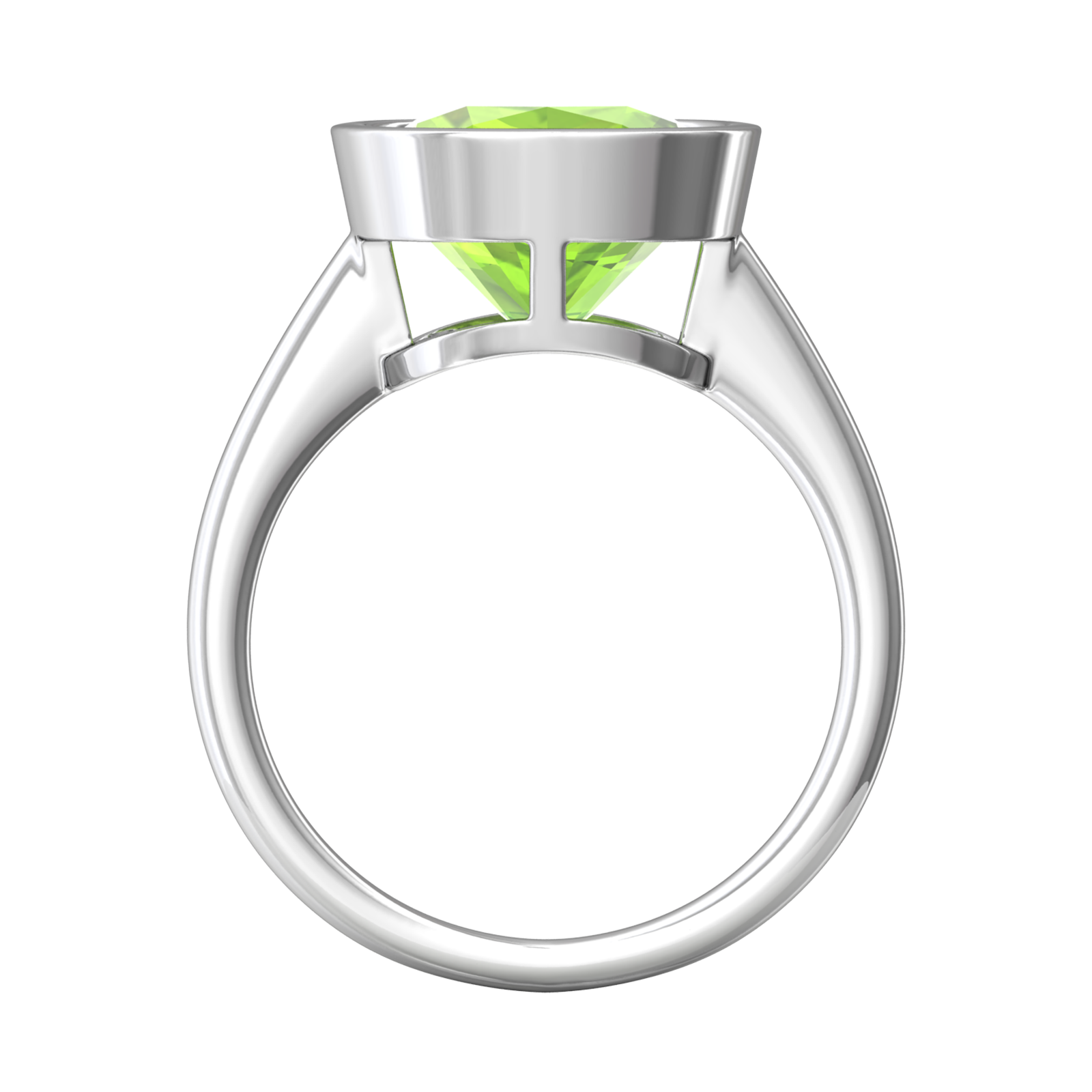 Nova cushion shaped Peridot ring set in a plain bezel setting Gardiner Brothers