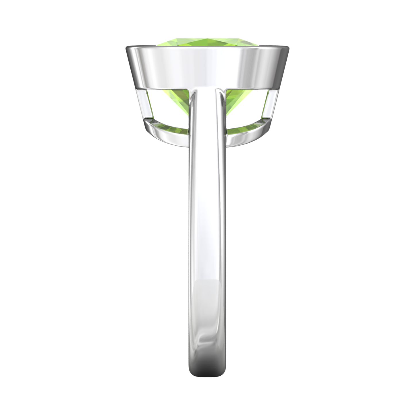 Nova cushion shaped Peridot ring set in a plain bezel setting Gardiner Brothers