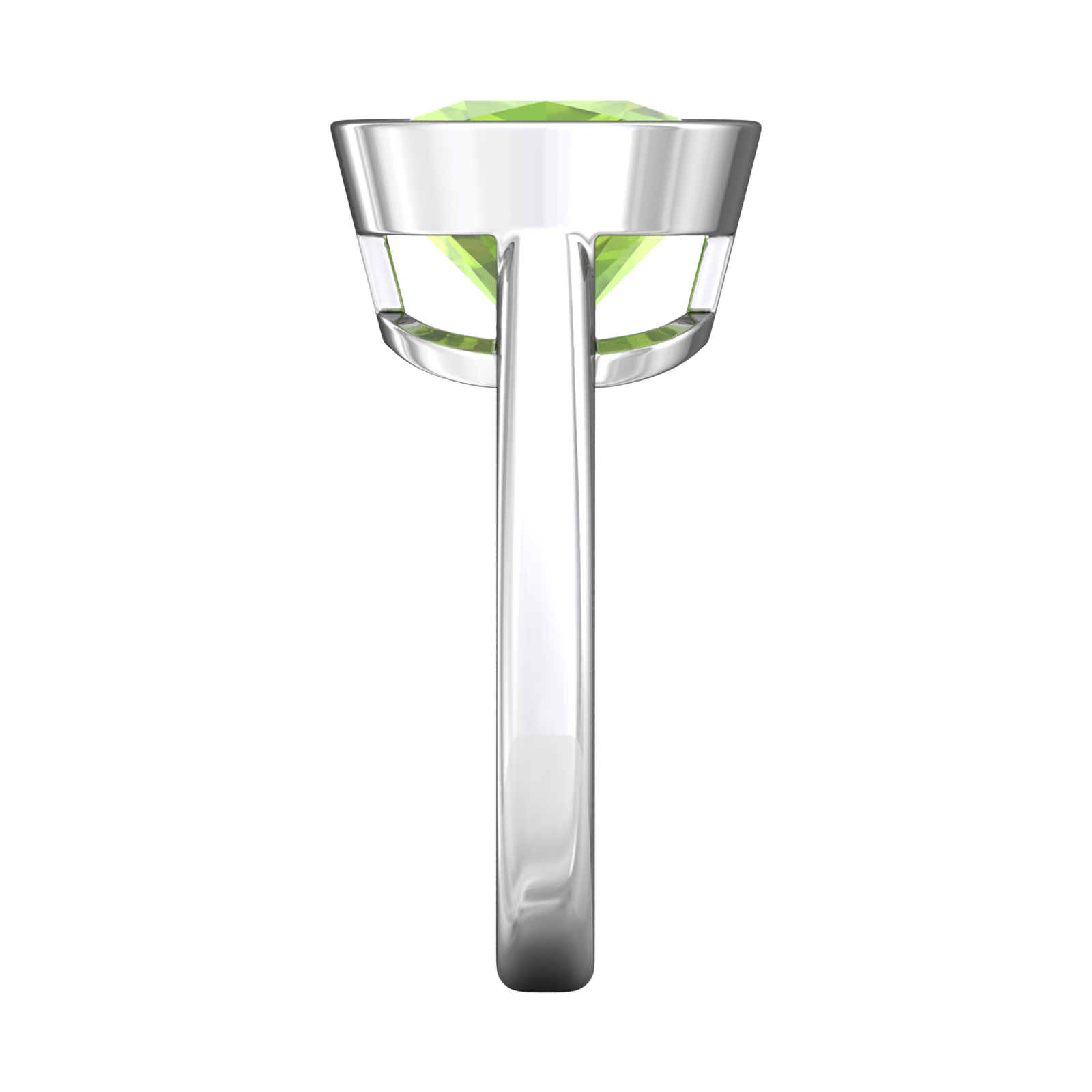 Nova cushion shaped Peridot ring set in a plain bezel setting Gardiner Brothers