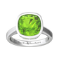 Nova cushion shaped Peridot ring set in a plain bezel setting Gardiner Brothers
