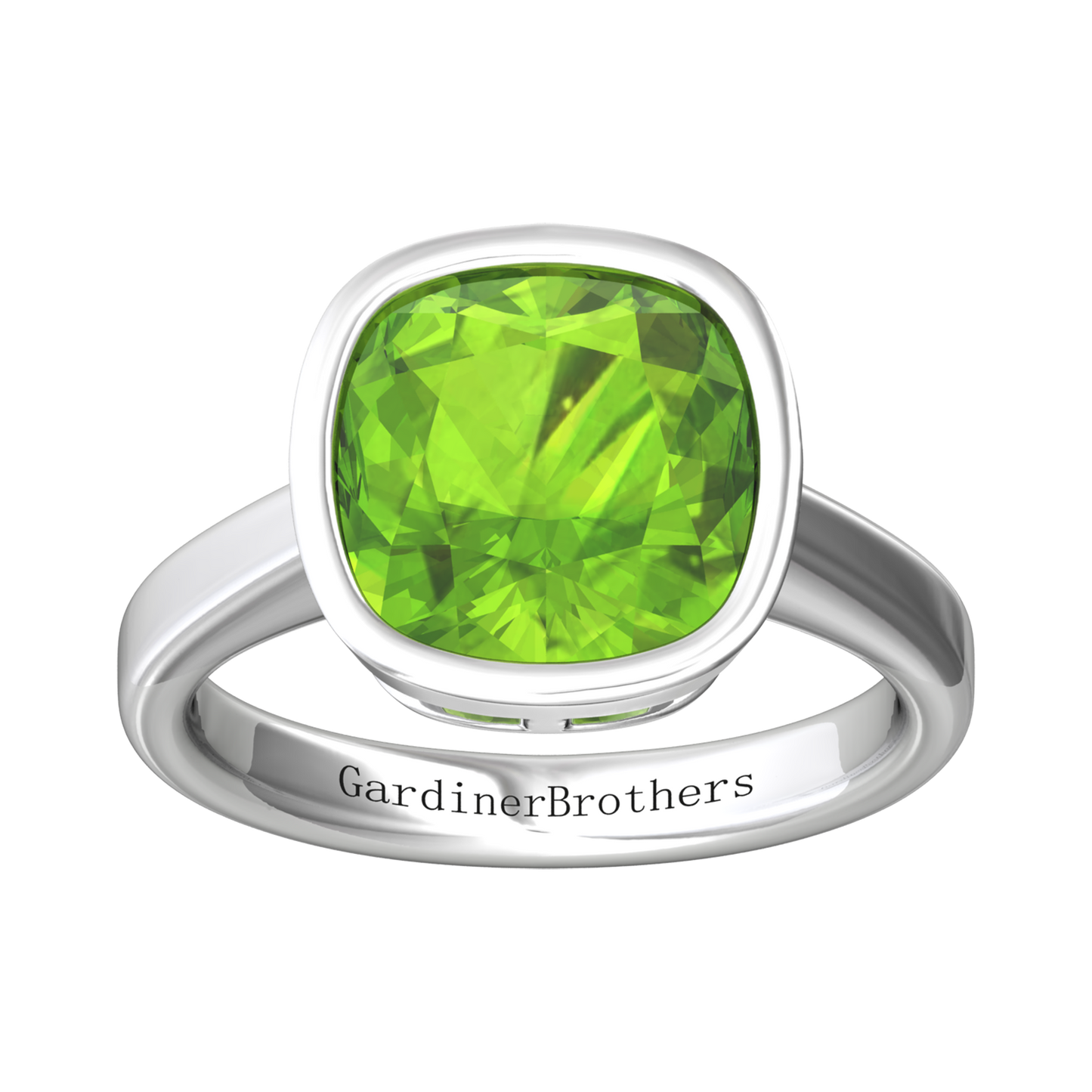 Nova cushion shaped Peridot ring set in a plain bezel setting Gardiner Brothers