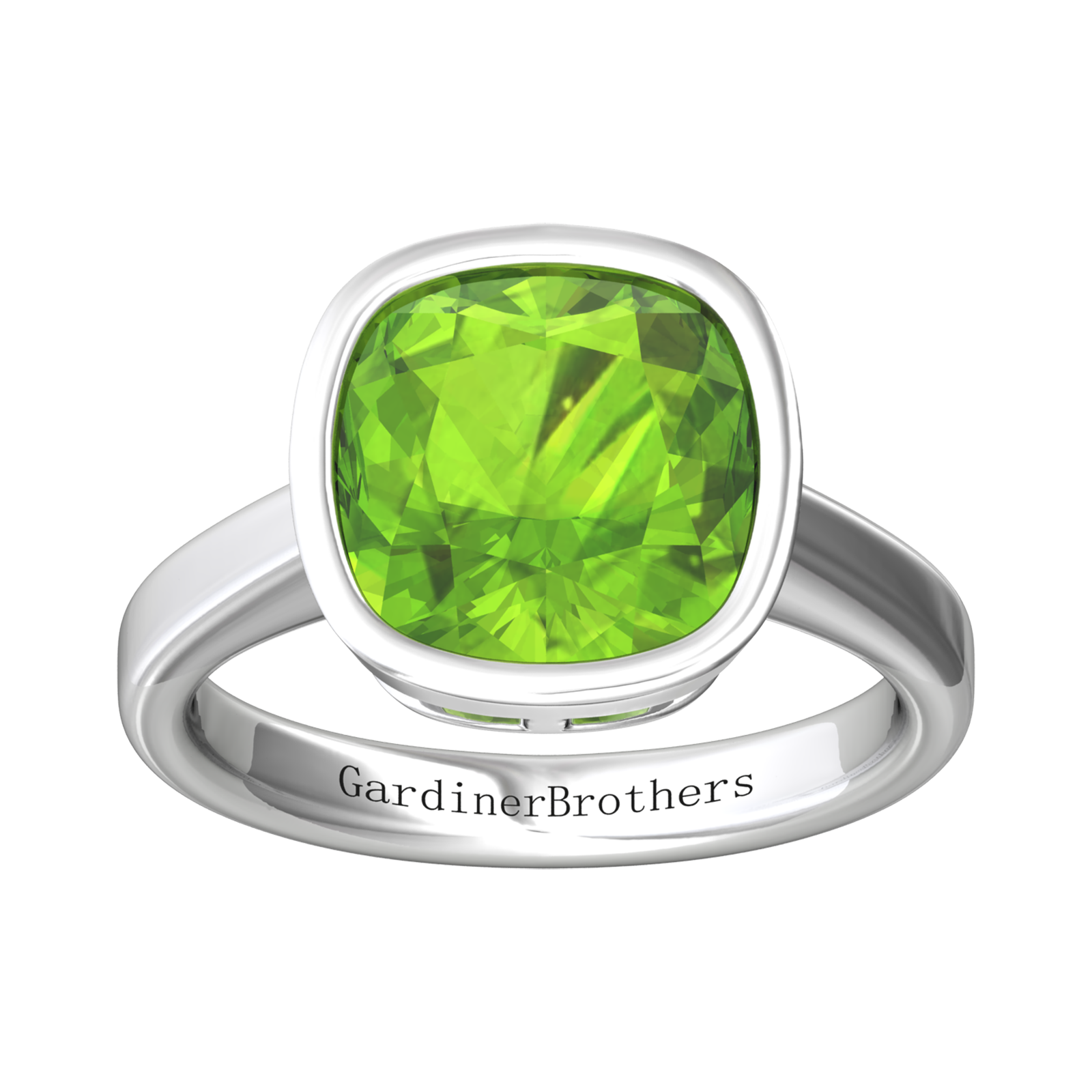 Nova cushion shaped Peridot ring set in a plain bezel setting Gardiner Brothers