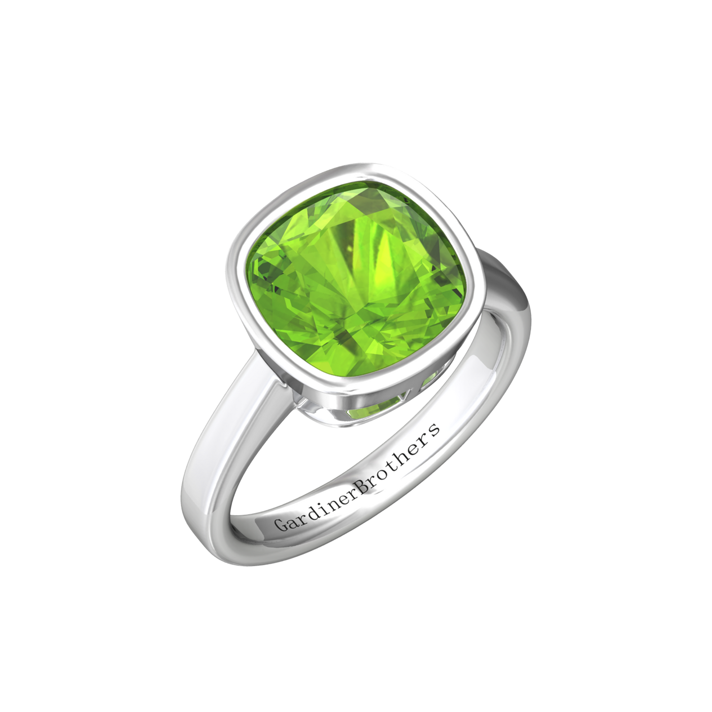 Nova cushion shaped Peridot ring set in a plain bezel setting Gardiner Brothers White Gold
