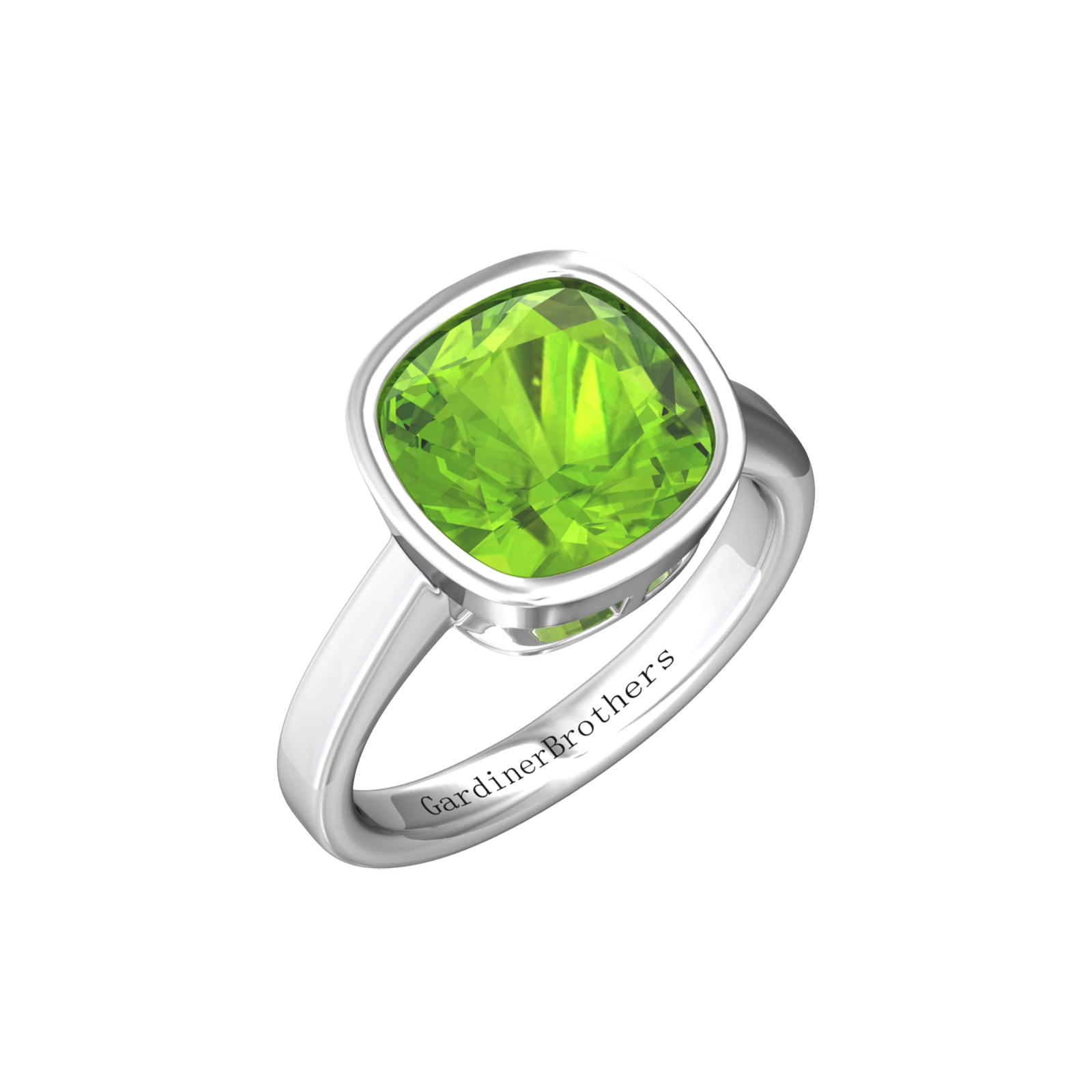 Nova cushion shaped Peridot ring set in a plain bezel setting Gardiner Brothers White Gold
