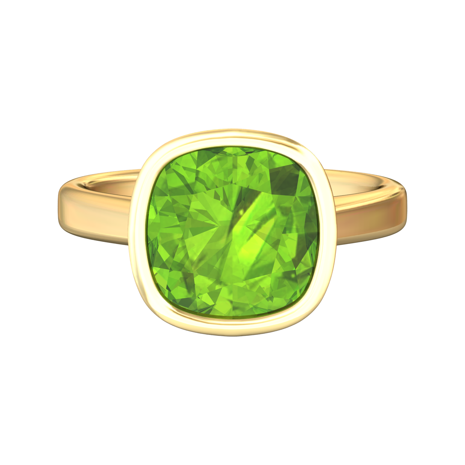Nova cushion shaped Peridot ring set in a plain bezel setting Gardiner Brothers