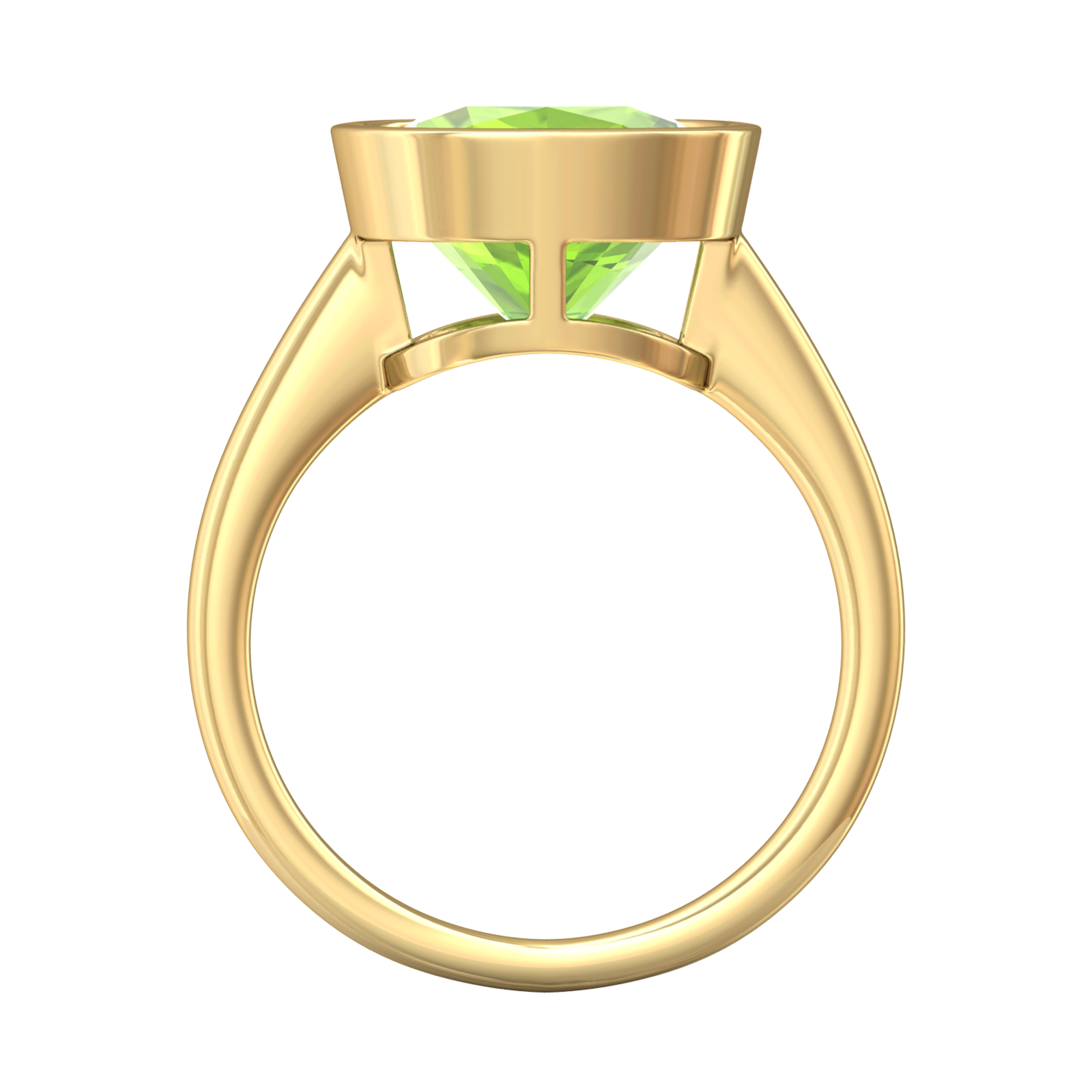 Nova cushion shaped Peridot ring set in a plain bezel setting Gardiner Brothers