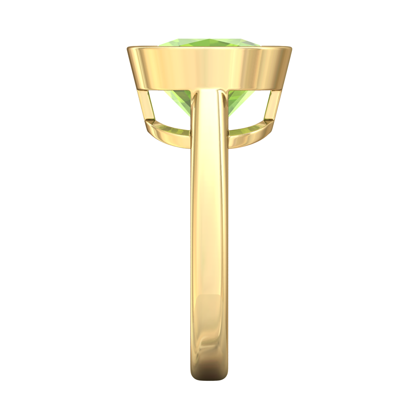 Nova cushion shaped Peridot ring set in a plain bezel setting Gardiner Brothers