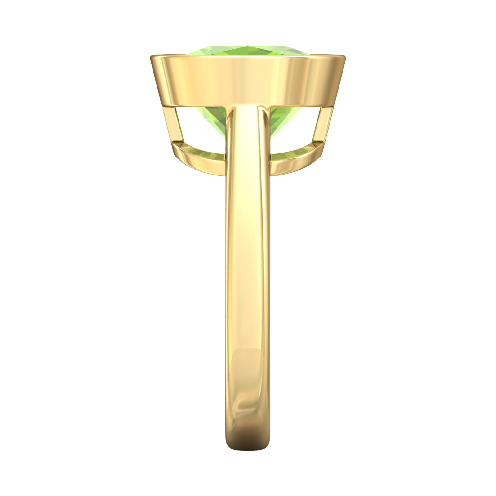 Nova cushion shaped Peridot ring set in a plain bezel setting Gardiner Brothers