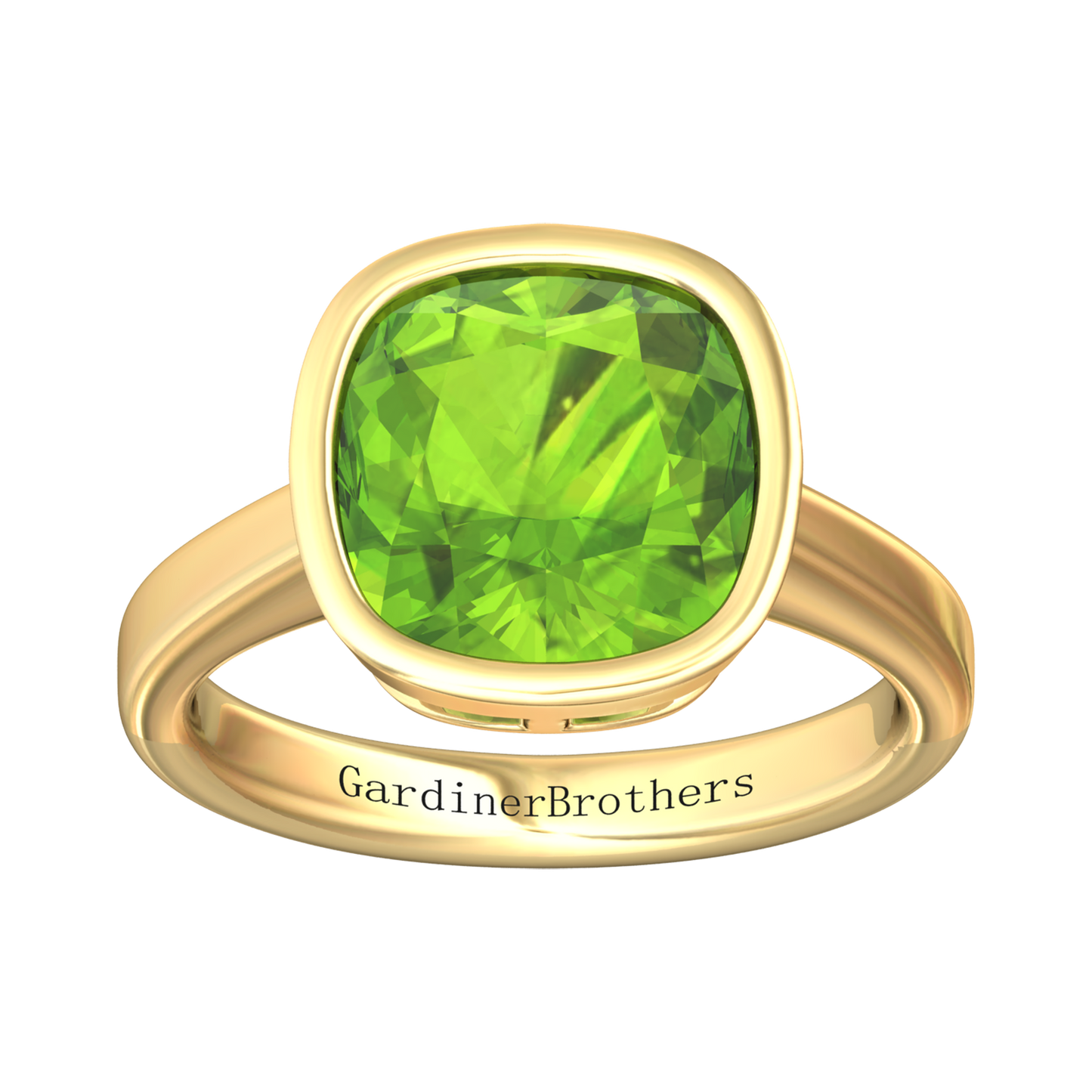 Nova cushion shaped Peridot ring set in a plain bezel setting Gardiner Brothers