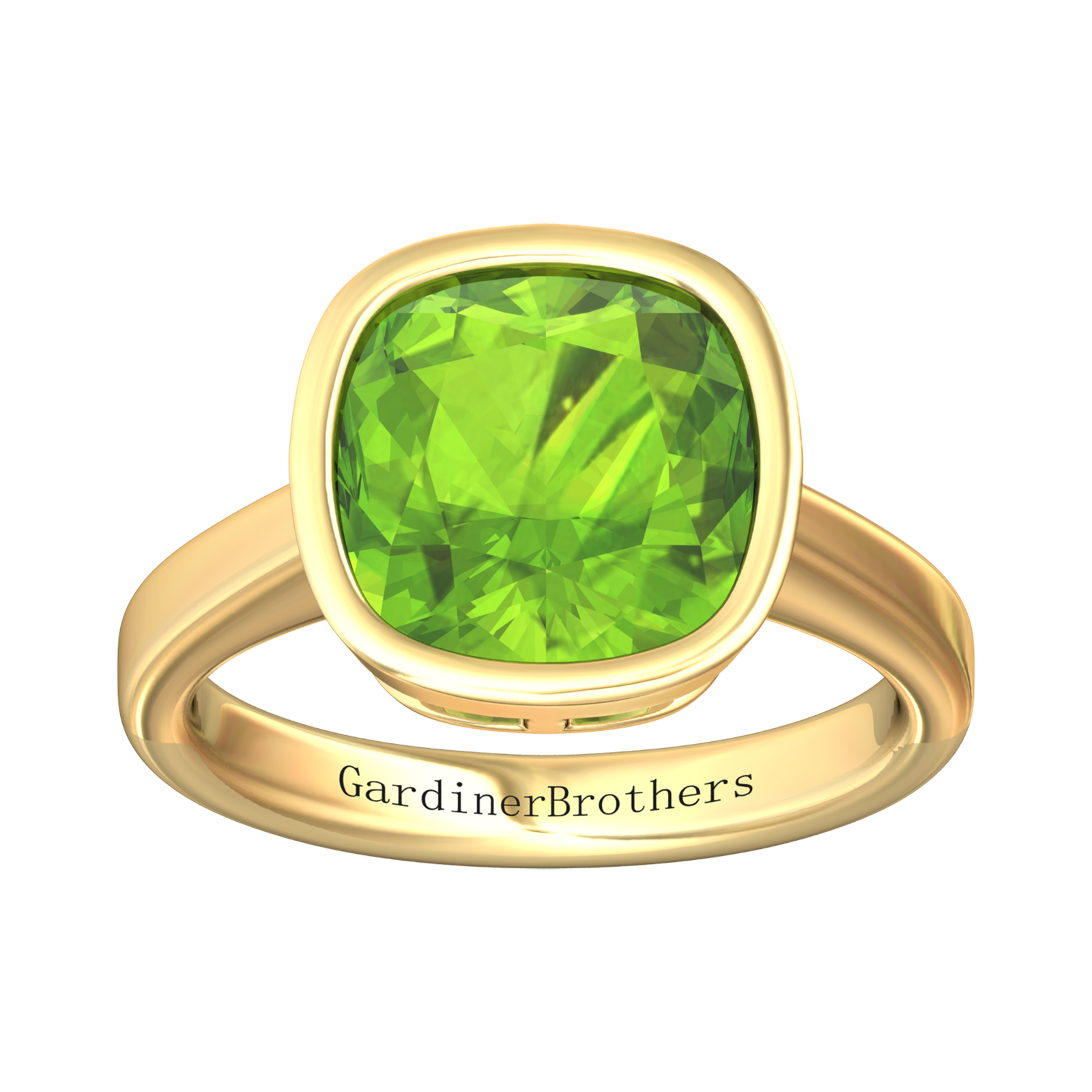 Nova cushion shaped Peridot ring set in a plain bezel setting Gardiner Brothers
