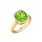 Nova cushion shaped Peridot ring set in a plain bezel setting Gardiner Brothers Yellow Gold