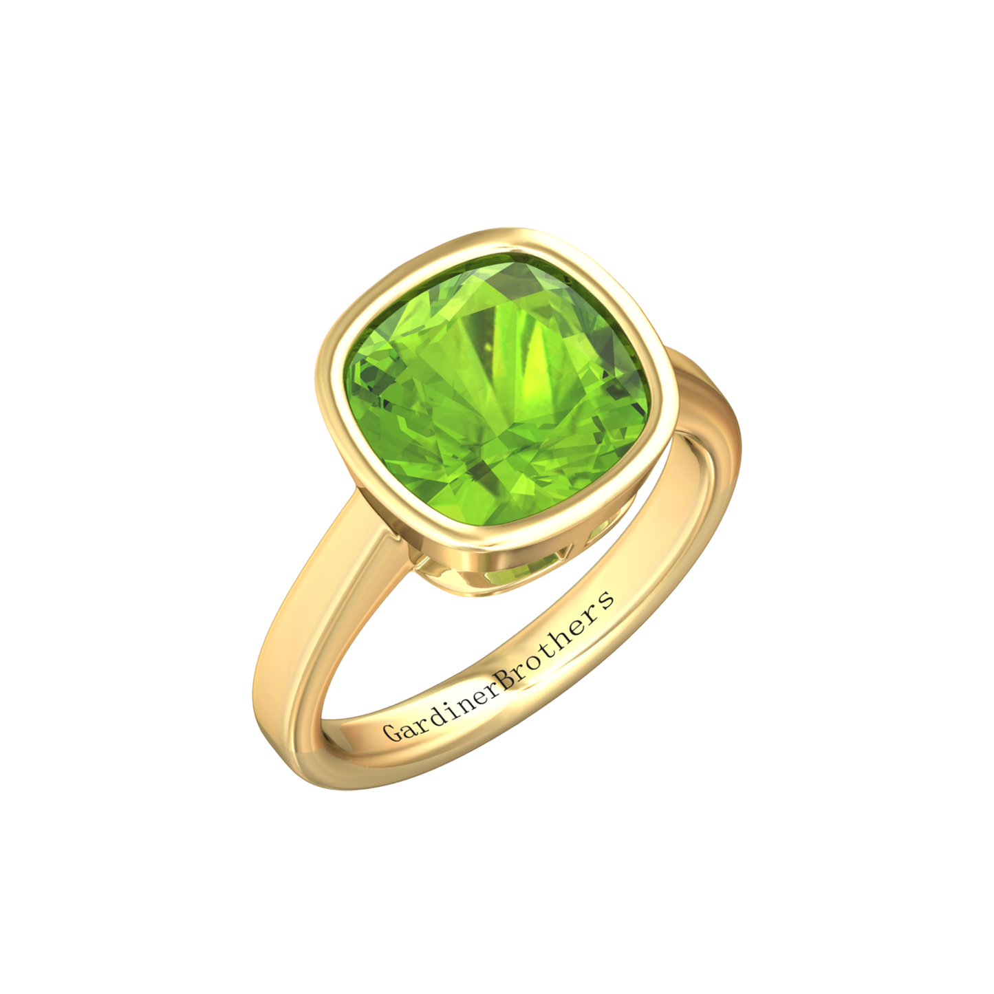Nova cushion shaped Peridot ring set in a plain bezel setting Gardiner Brothers Yellow Gold