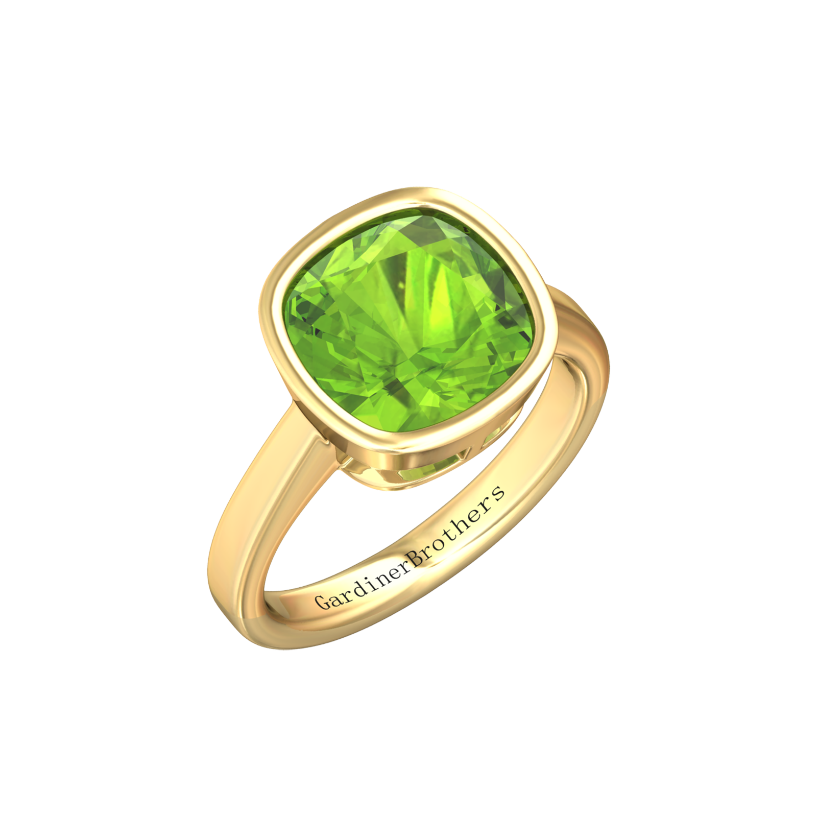 Nova cushion shaped Peridot ring set in a plain bezel setting Gardiner Brothers Yellow Gold