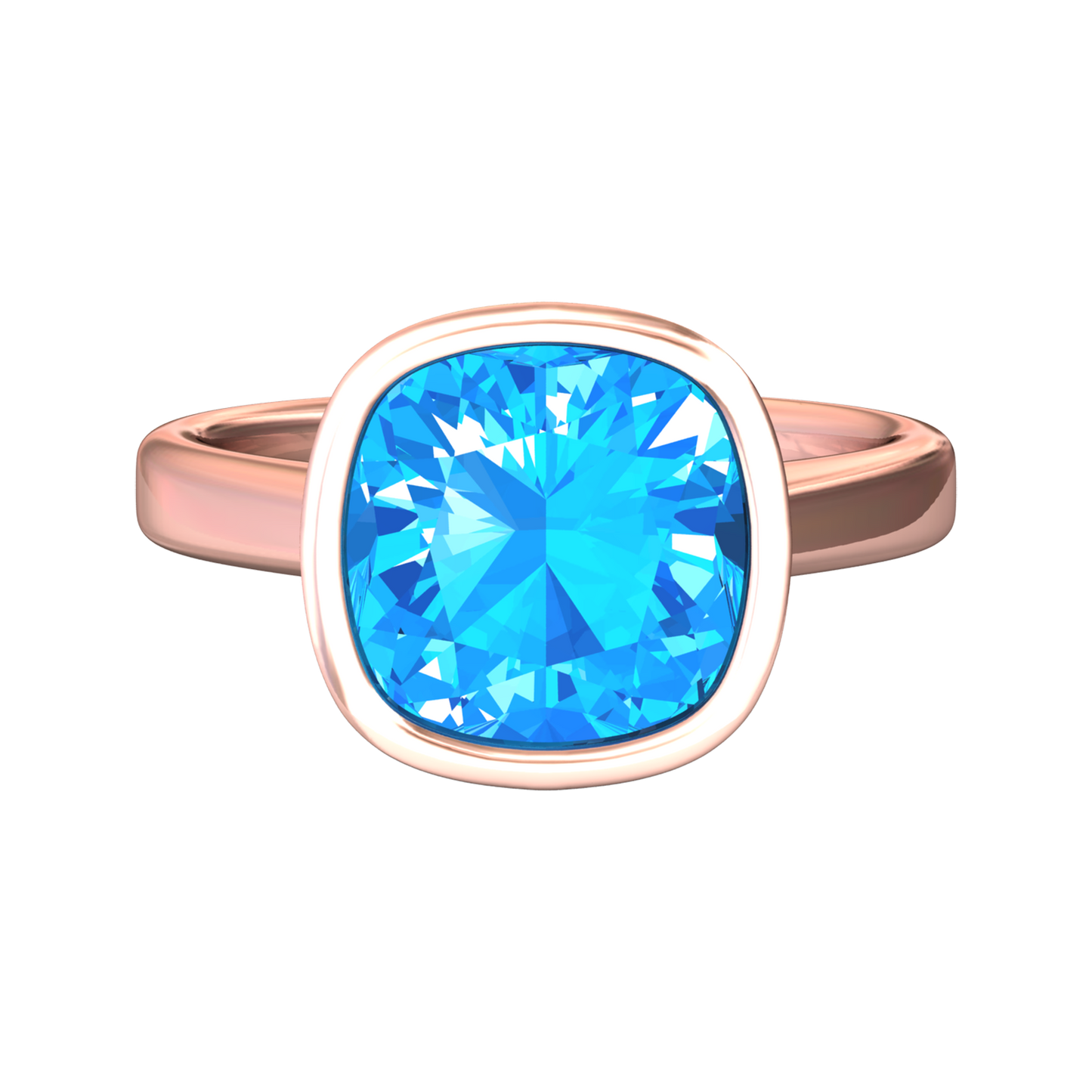 Nova cushion shaped Swiss Blue Topaz ring set in a plain bezel setting Gardiner Brothers
