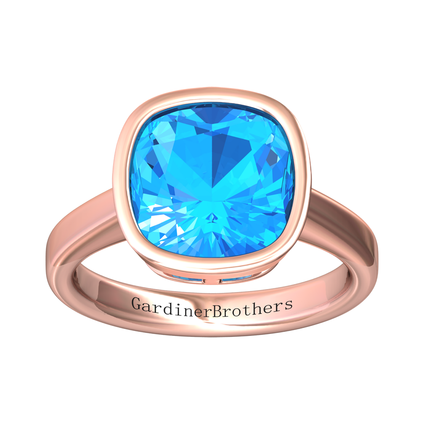Nova cushion shaped Swiss Blue Topaz ring set in a plain bezel setting Gardiner Brothers