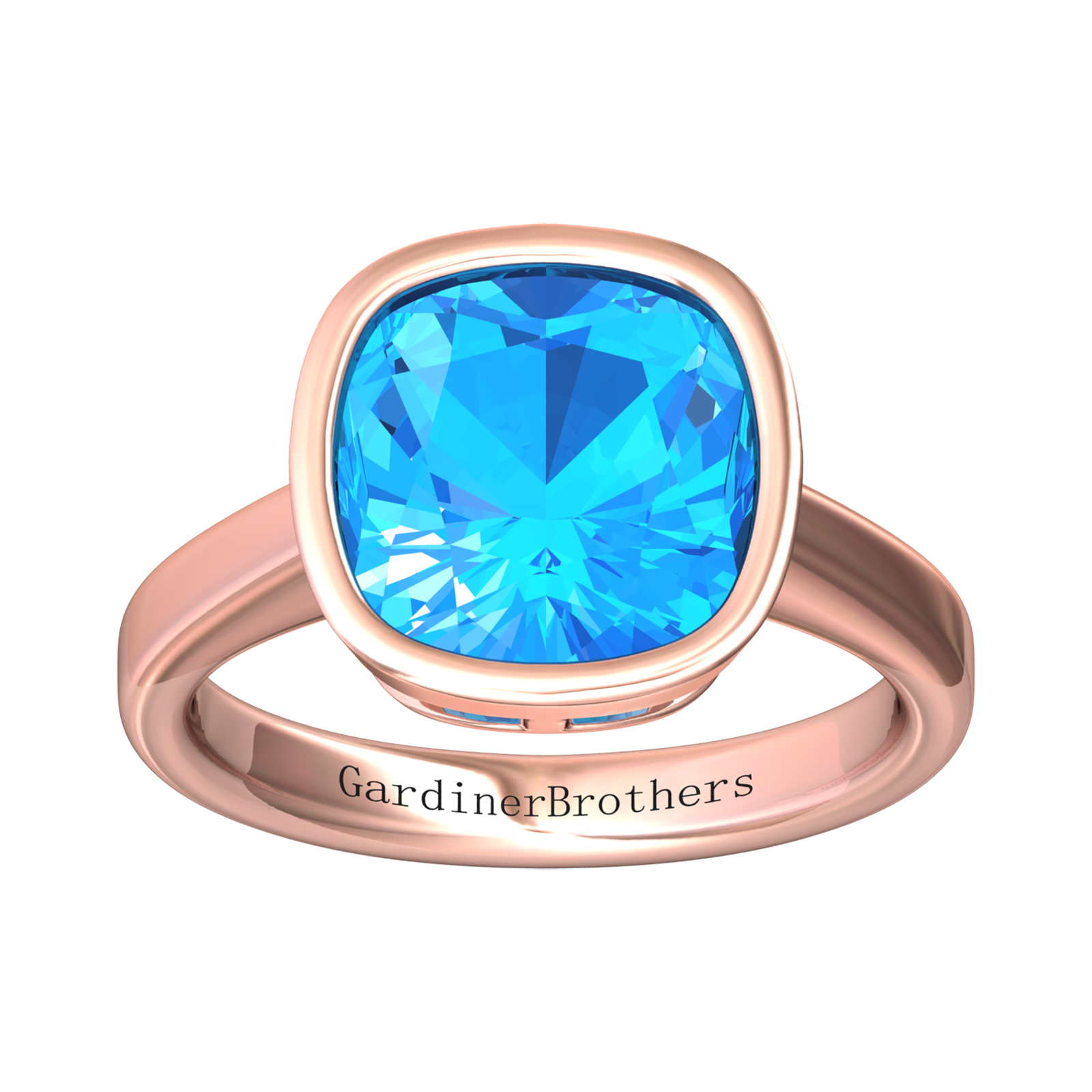 Nova cushion shaped Swiss Blue Topaz ring set in a plain bezel setting Gardiner Brothers