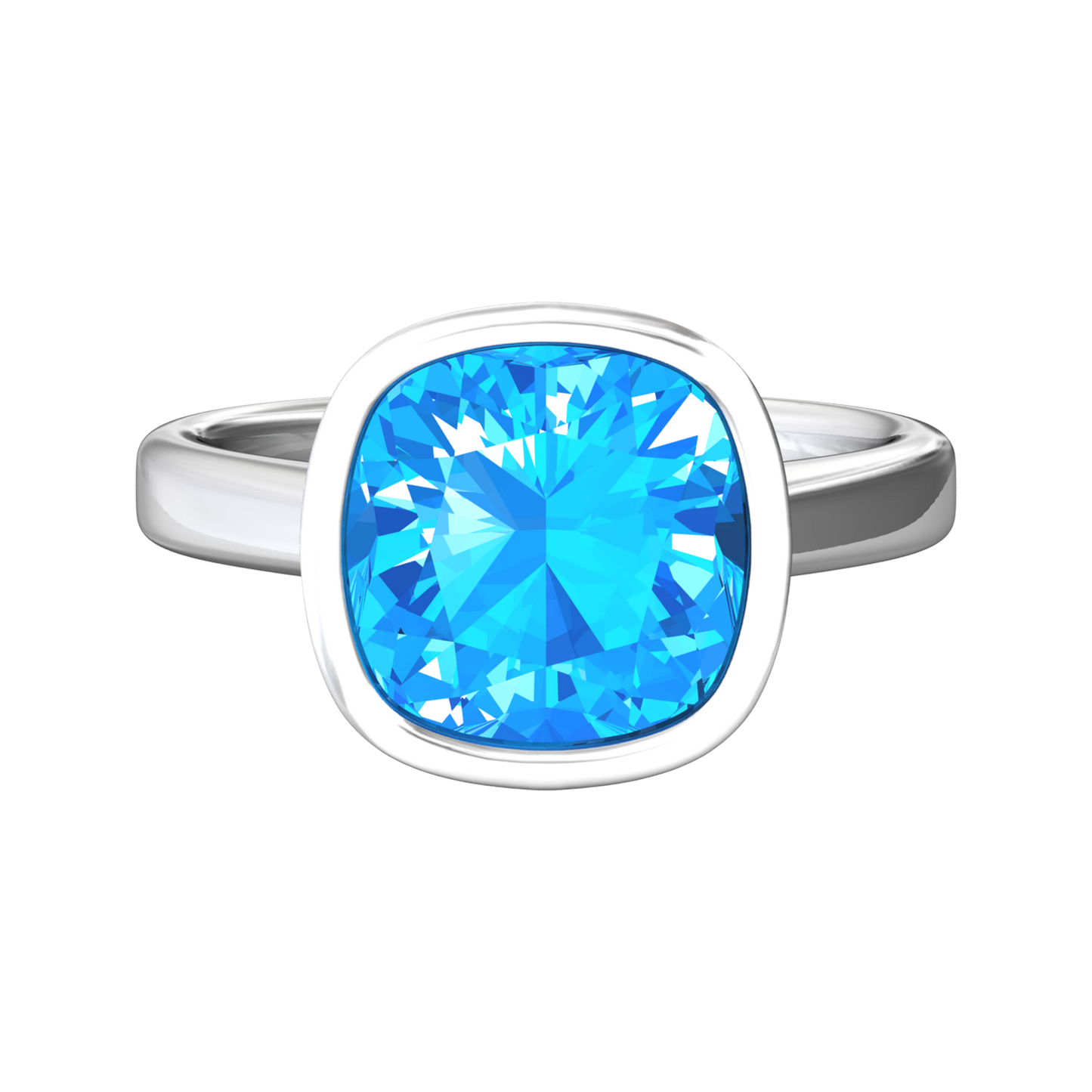 Nova cushion shaped Swiss Blue Topaz ring set in a plain bezel setting Gardiner Brothers