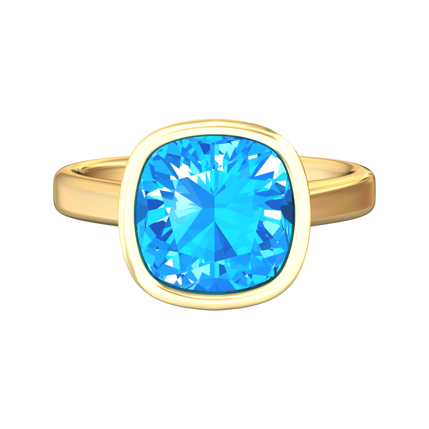 Nova cushion shaped Swiss Blue Topaz ring set in a plain bezel setting Gardiner Brothers