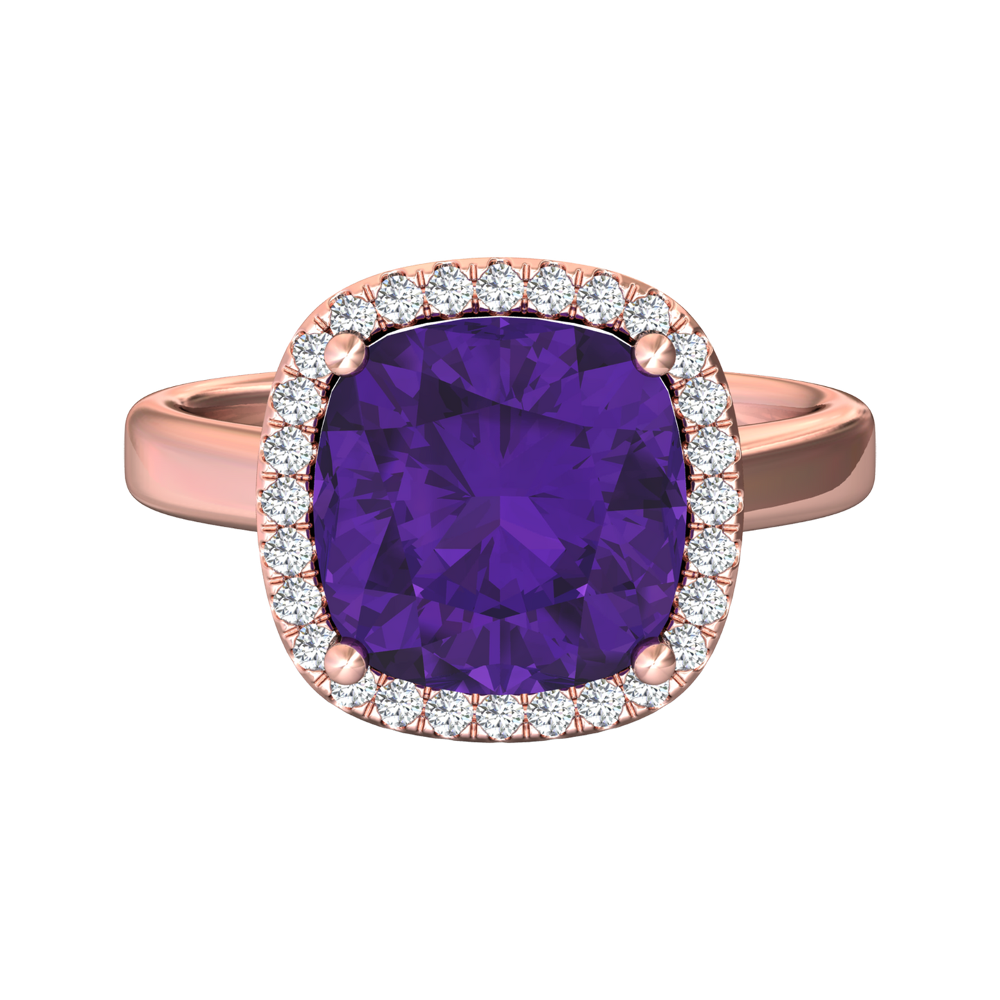 Nova cushion shaped Amethyst ring with a halo of diamonds Gardiner Brothers