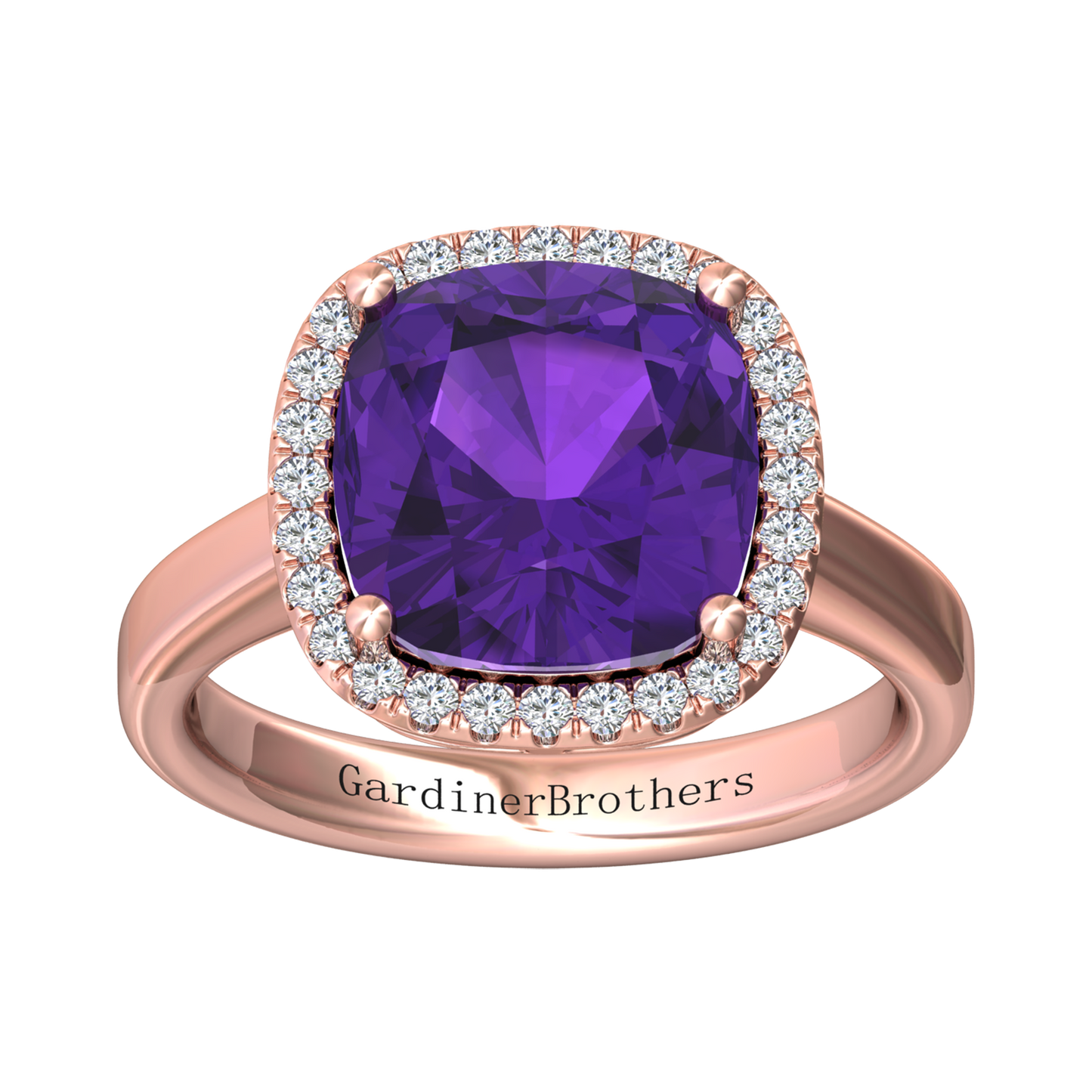 Nova cushion shaped Amethyst ring with a halo of diamonds Gardiner Brothers