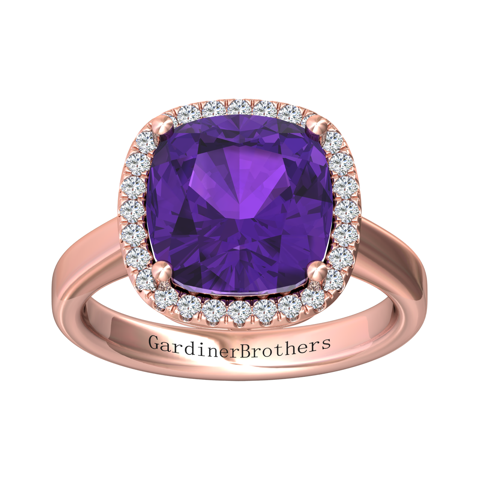 Nova cushion shaped Amethyst ring with a halo of diamonds Gardiner Brothers