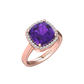 Nova cushion shaped Amethyst ring with a halo of diamonds Gardiner Brothers Rose Gold