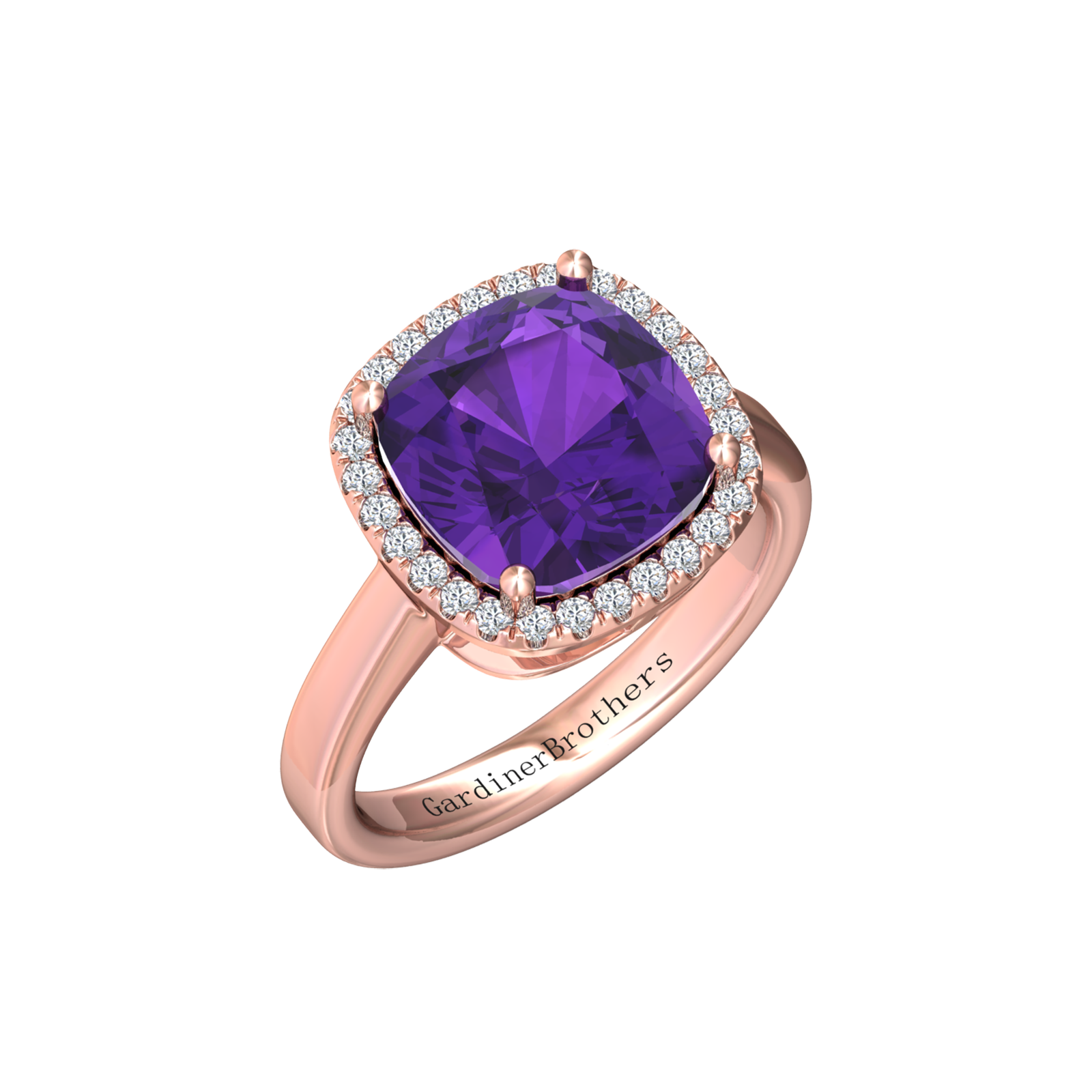 Nova cushion shaped Amethyst ring with a halo of diamonds Gardiner Brothers Rose Gold