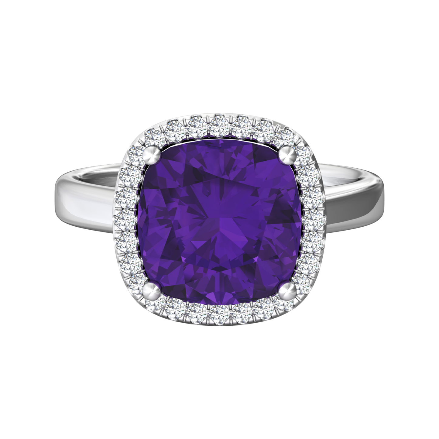 Nova cushion shaped Amethyst ring with a halo of diamonds Gardiner Brothers