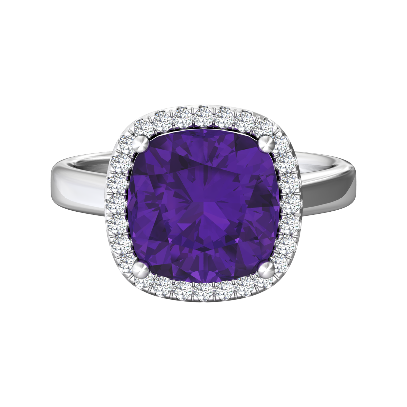Nova cushion shaped Amethyst ring with a halo of diamonds Gardiner Brothers