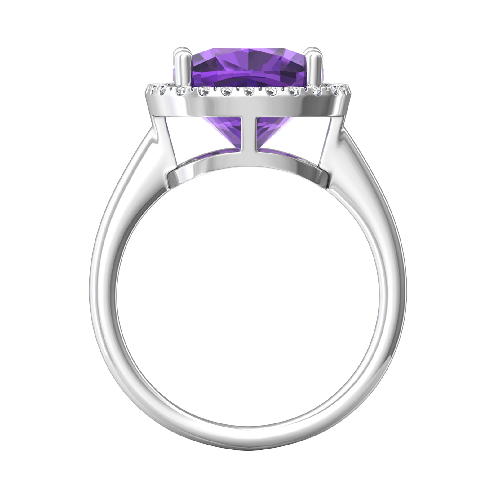 Nova cushion shaped Amethyst ring with a halo of diamonds Gardiner Brothers