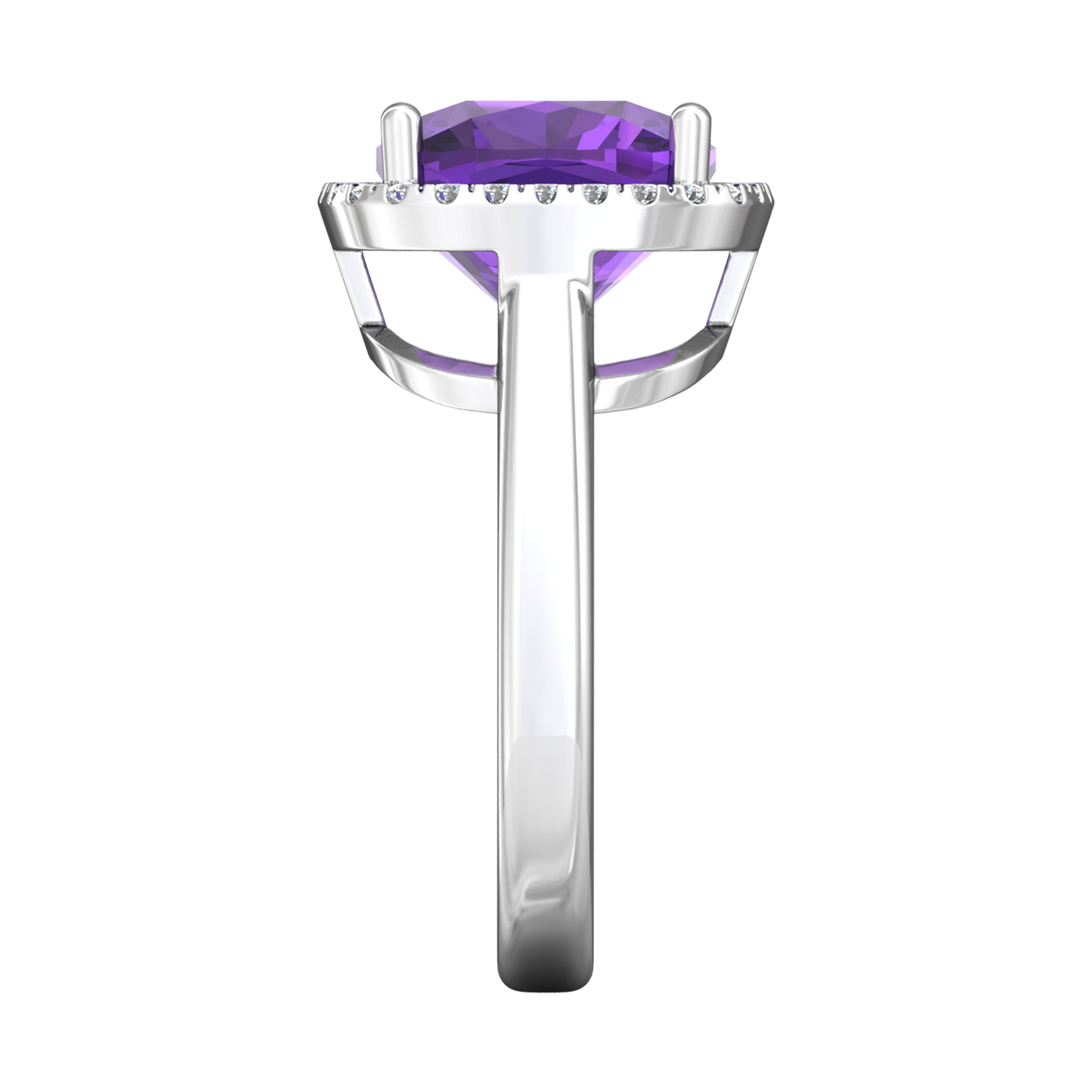 Nova cushion shaped Amethyst ring with a halo of diamonds Gardiner Brothers