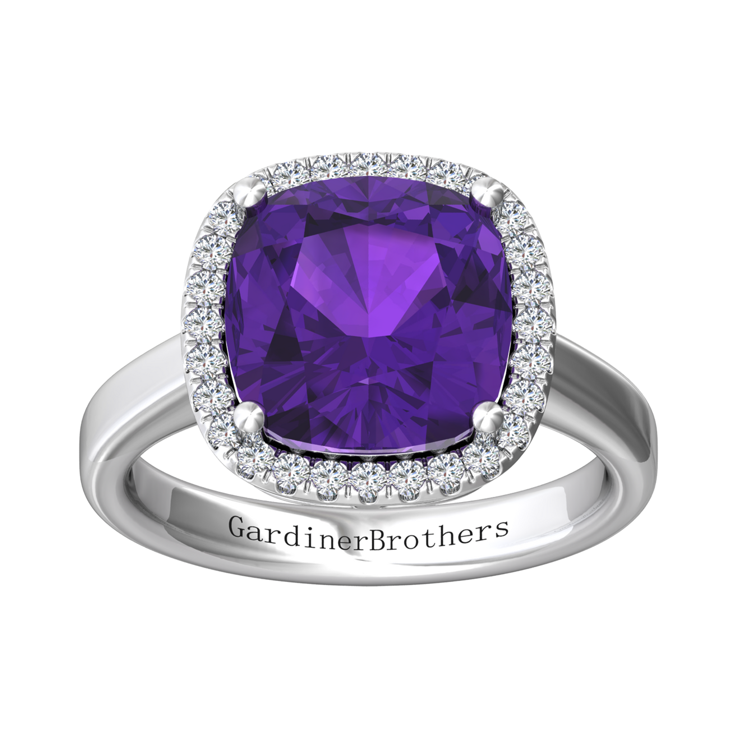 Nova cushion shaped Amethyst ring with a halo of diamonds Gardiner Brothers