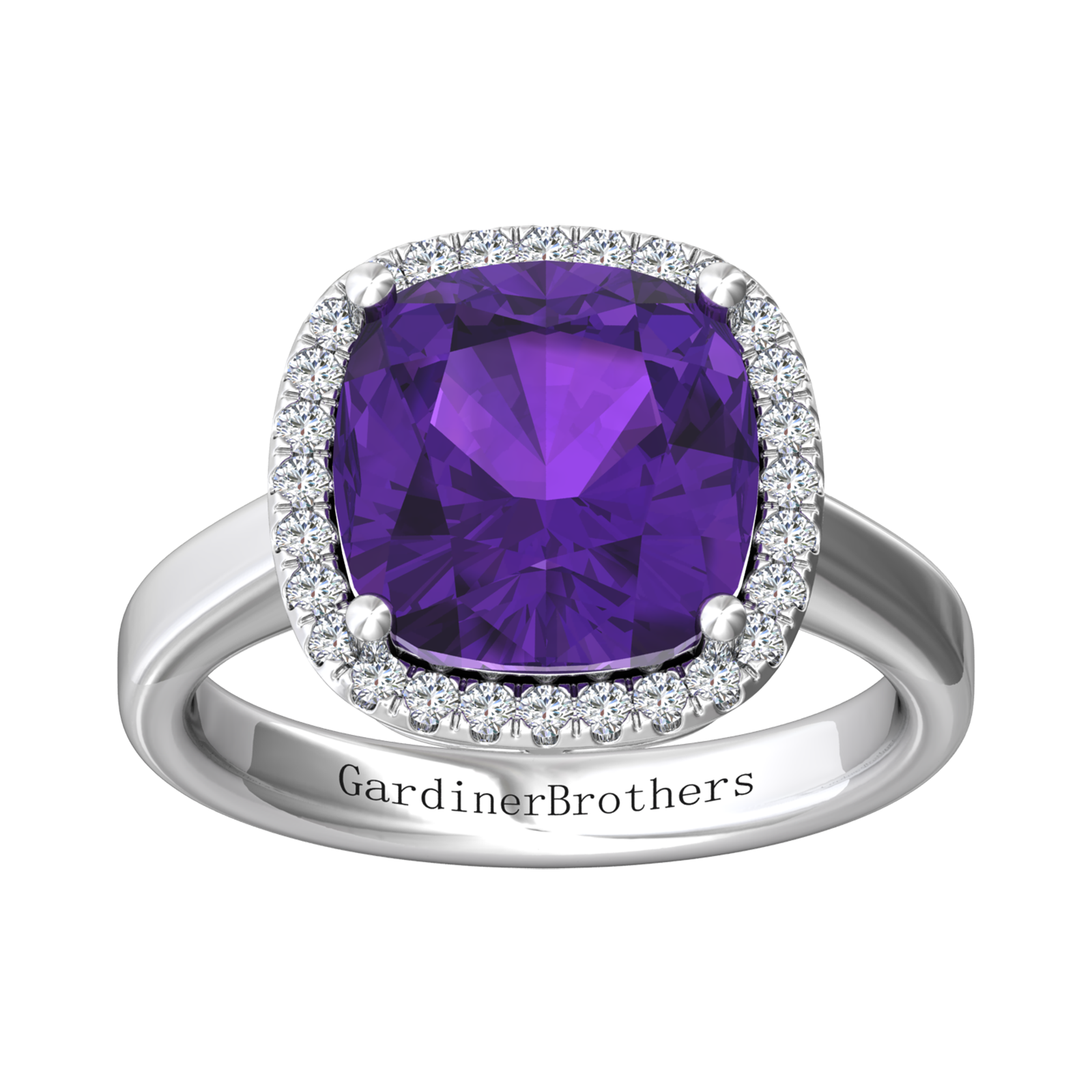Nova cushion shaped Amethyst ring with a halo of diamonds Gardiner Brothers