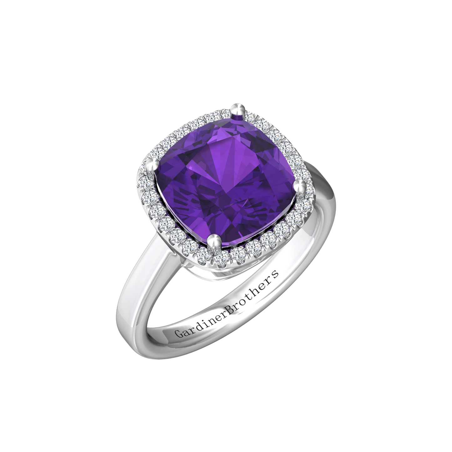 Nova cushion shaped Amethyst ring with a halo of diamonds Gardiner Brothers White Gold