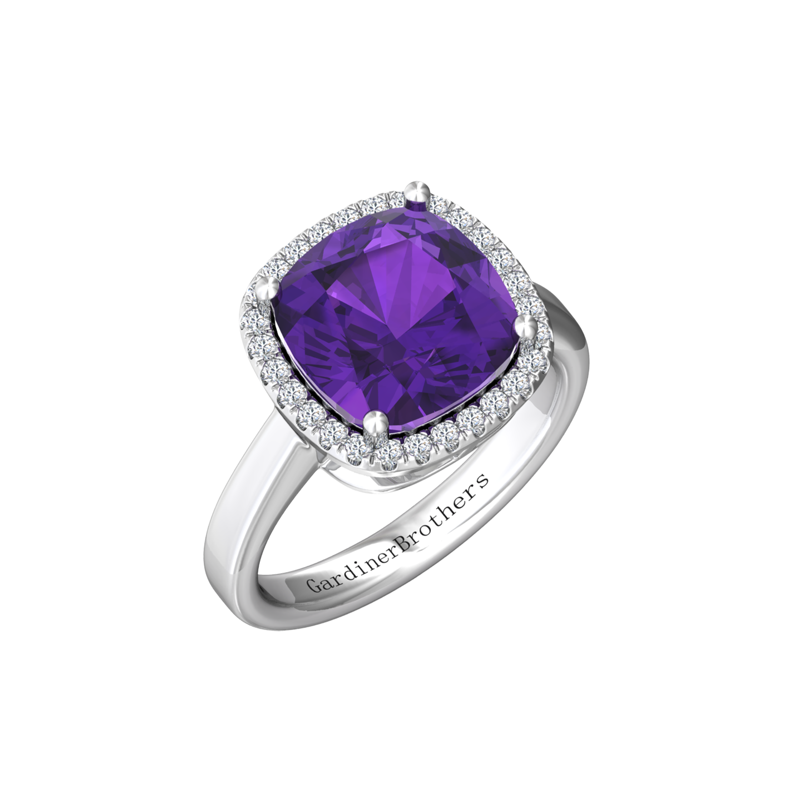 Nova cushion shaped Amethyst ring with a halo of diamonds Gardiner Brothers White Gold