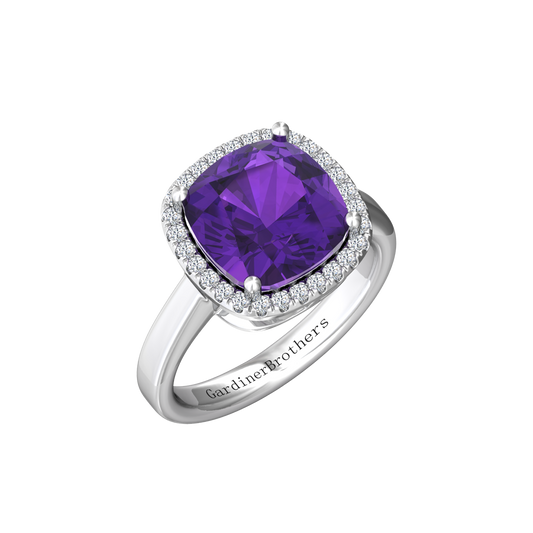 Nova cushion shaped Amethyst ring with a halo of diamonds Gardiner Brothers White Gold
