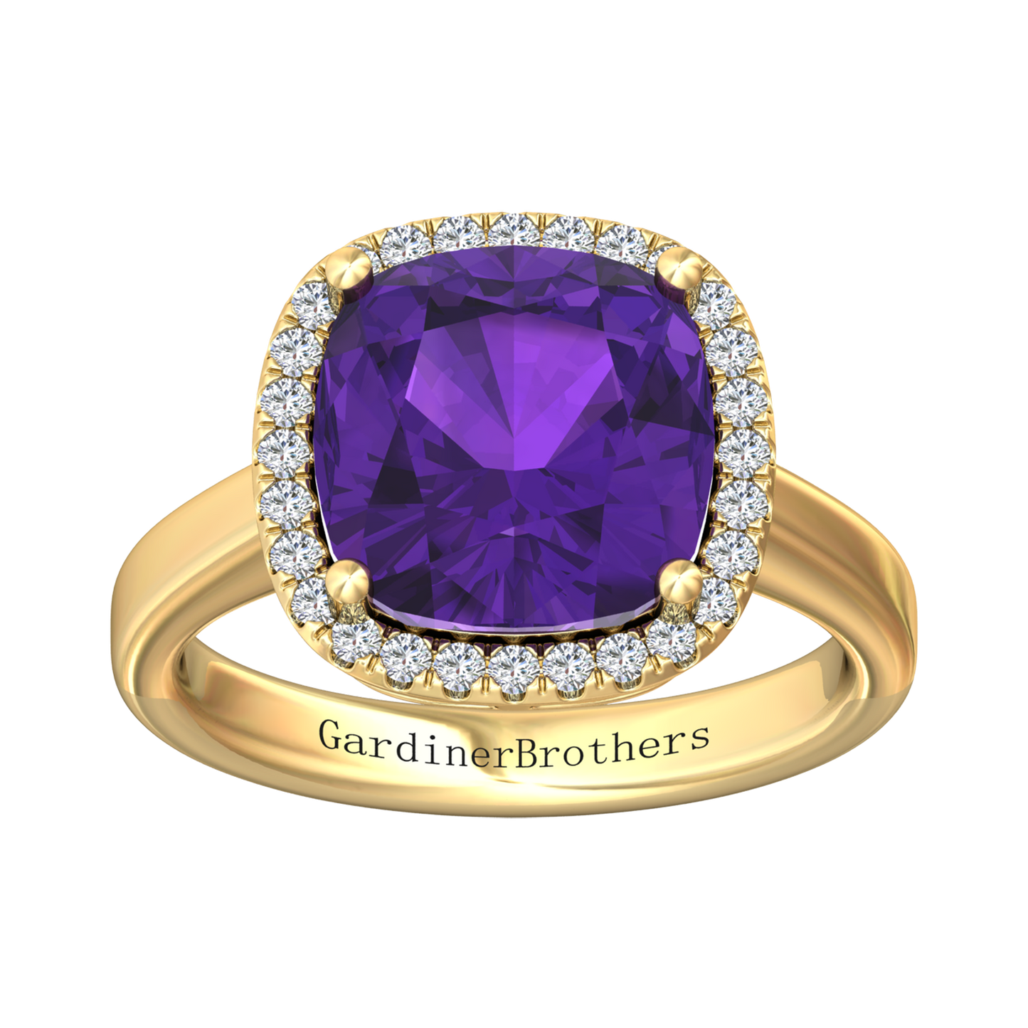 Nova cushion shaped Amethyst ring with a halo of diamonds Gardiner Brothers