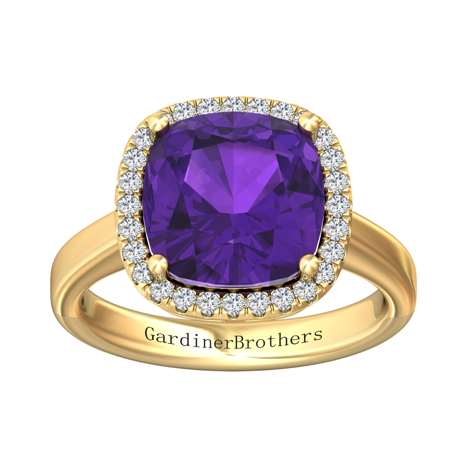 Nova cushion shaped Amethyst ring with a halo of diamonds Gardiner Brothers