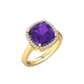 Nova cushion shaped Amethyst ring with a halo of diamonds Gardiner Brothers Yellow Gold