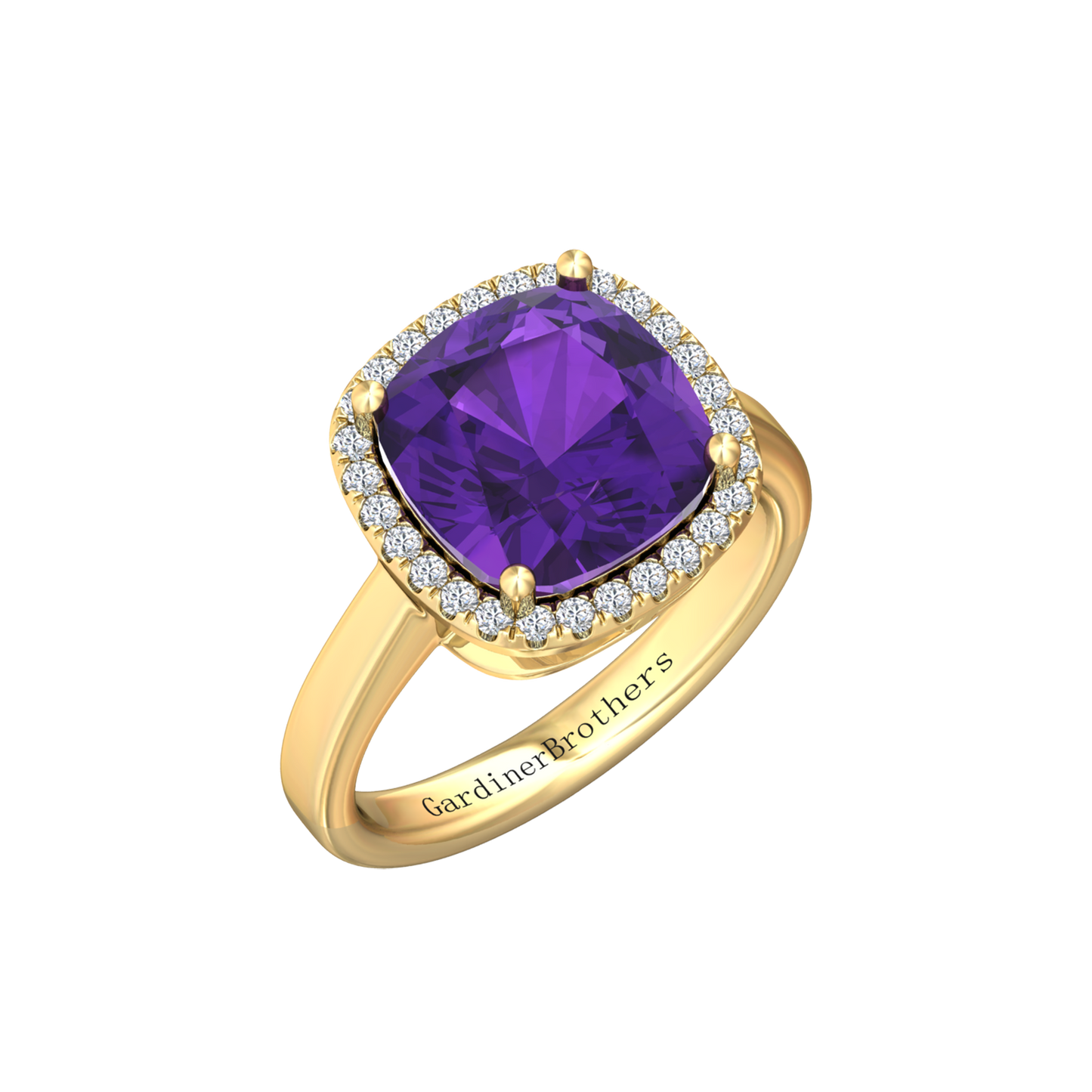 Nova cushion shaped Amethyst ring with a halo of diamonds Gardiner Brothers Yellow Gold