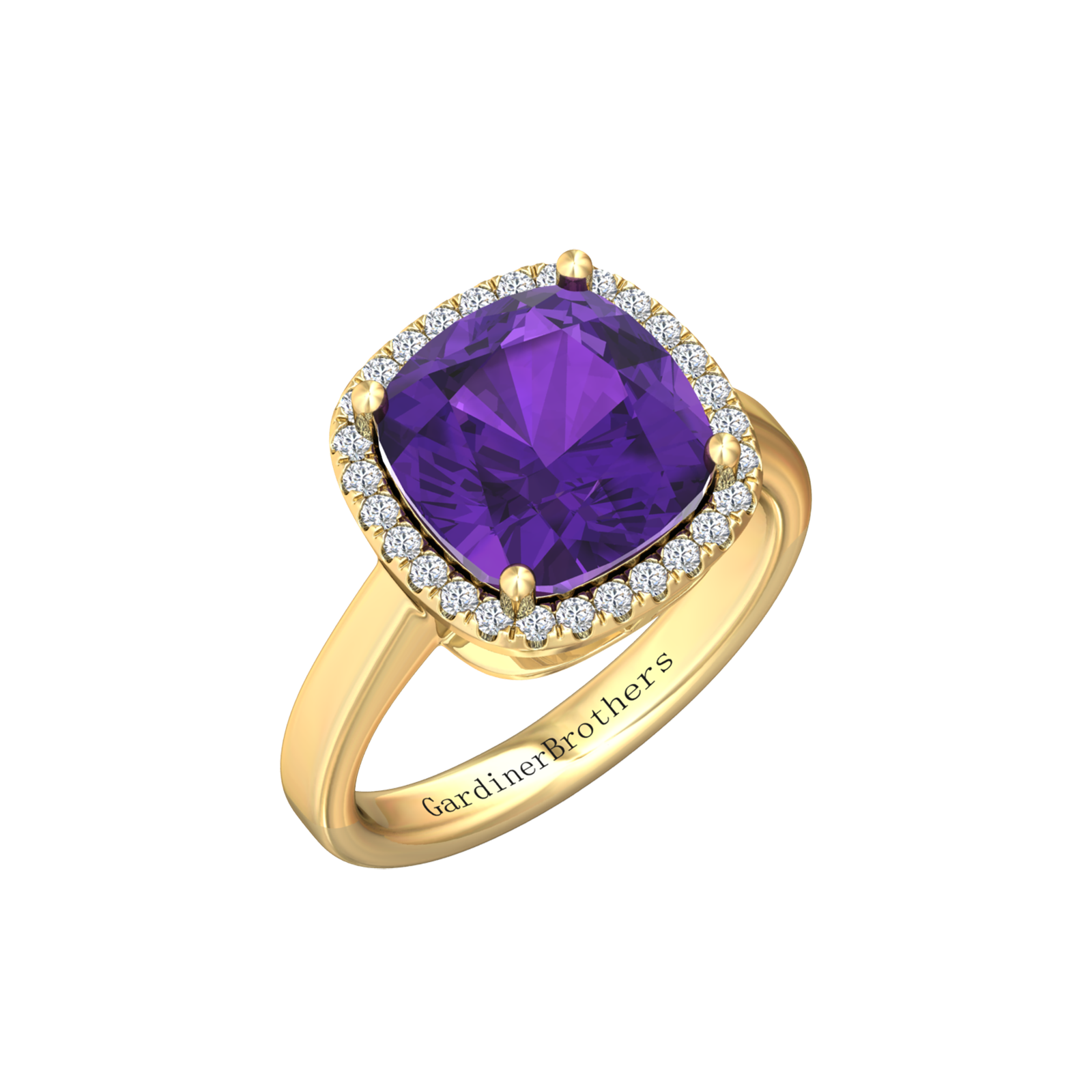 Nova cushion shaped Amethyst ring with a halo of diamonds Gardiner Brothers Yellow Gold