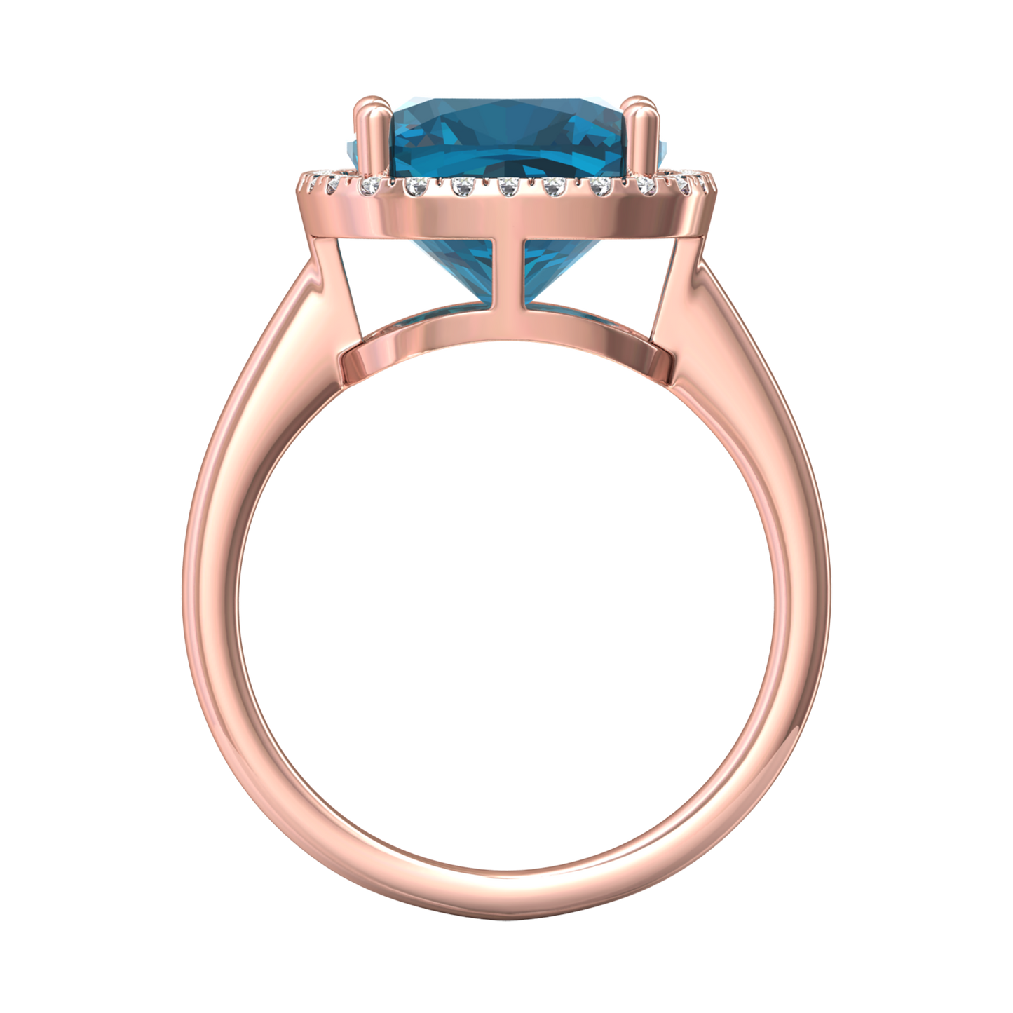 Nova cushion shaped London Blue Topaz ring with a halo of diamonds Gardiner Brothers