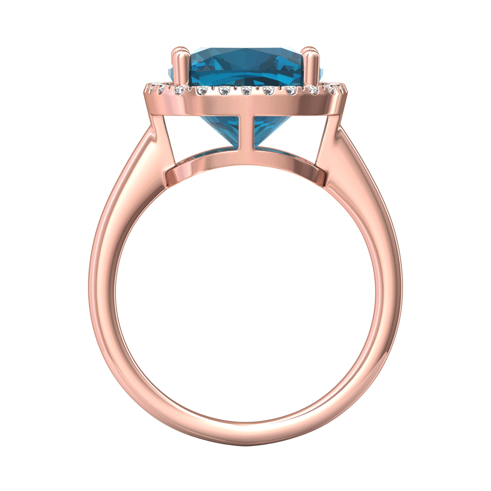 Nova cushion shaped London Blue Topaz ring with a halo of diamonds Gardiner Brothers