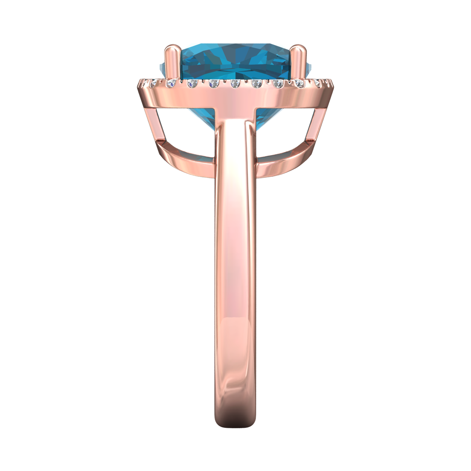 Nova cushion shaped London Blue Topaz ring with a halo of diamonds Gardiner Brothers