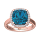 Nova cushion shaped London Blue Topaz ring with a halo of diamonds Gardiner Brothers