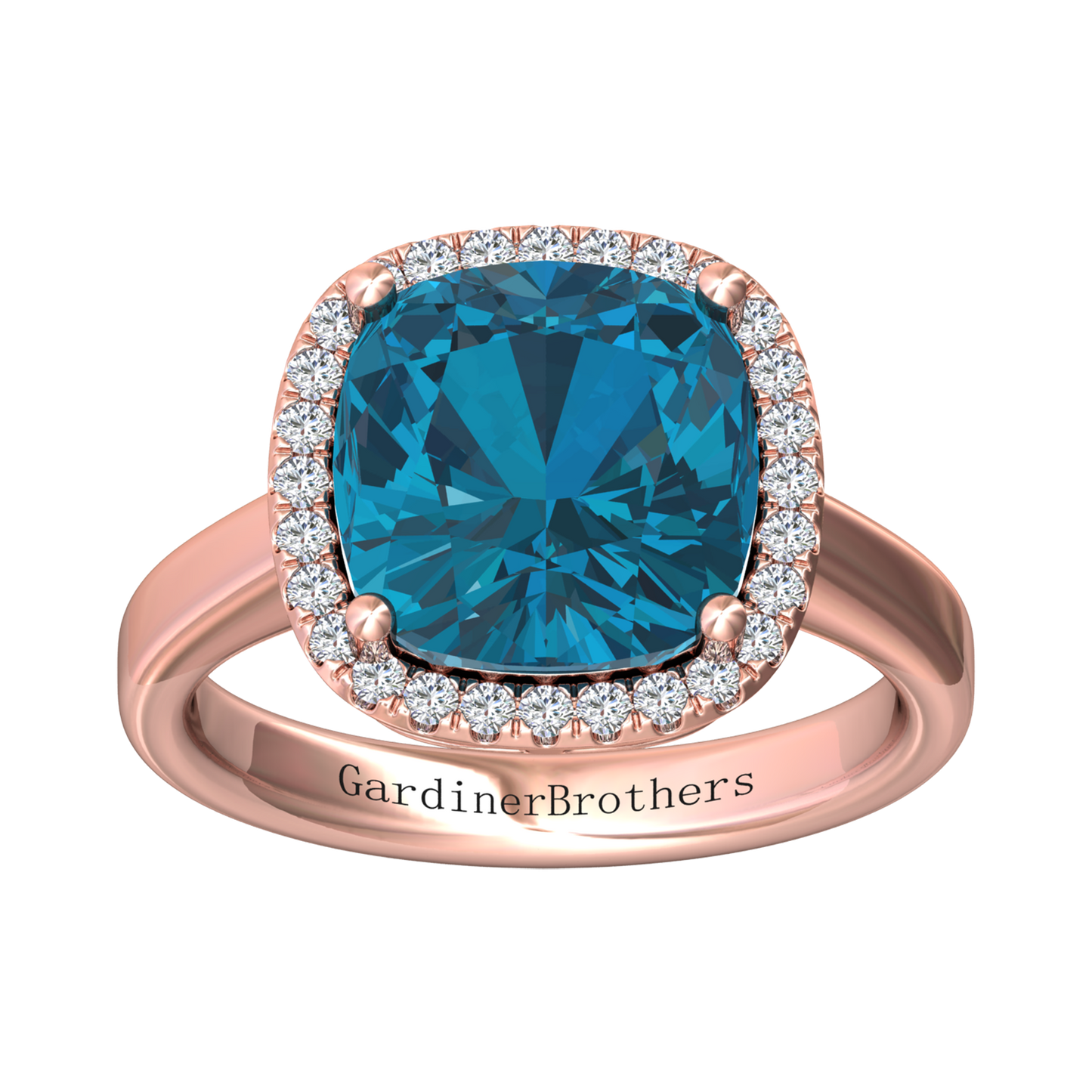Nova cushion shaped London Blue Topaz ring with a halo of diamonds Gardiner Brothers