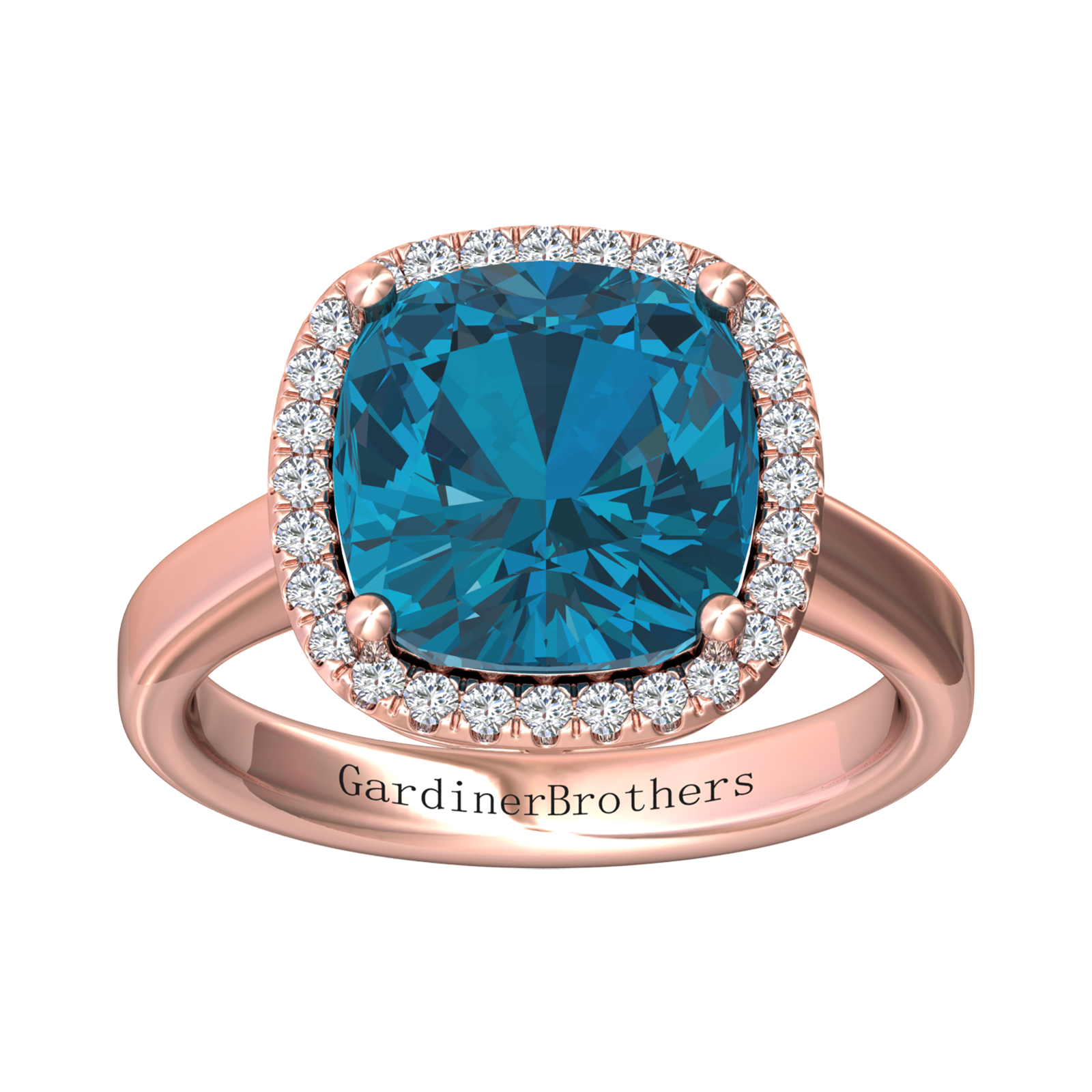 Nova cushion shaped London Blue Topaz ring with a halo of diamonds Gardiner Brothers